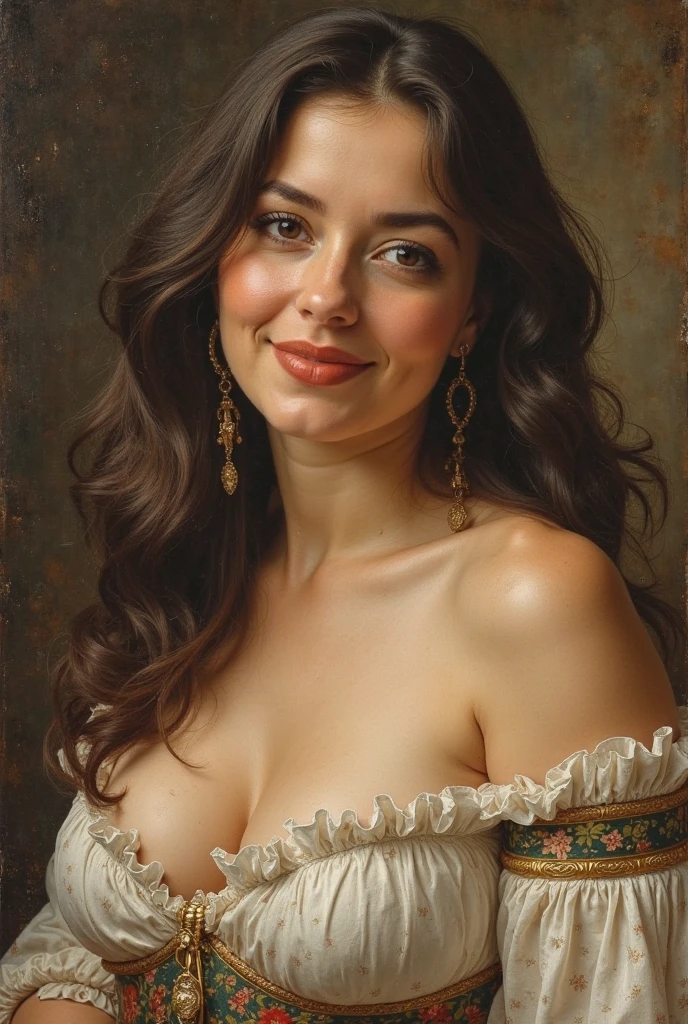 ( Naked, perky breasts, bare breasts, nipples. ((round chest)ancient greek woman,, woman, pure smile, Caravaggio's paintings, flower, fruit, Big breasts ,Caravaggio, dark background, wearing a jeans skirt( Naked, perky breasts, bare breasts, nipples. ((round chest)
