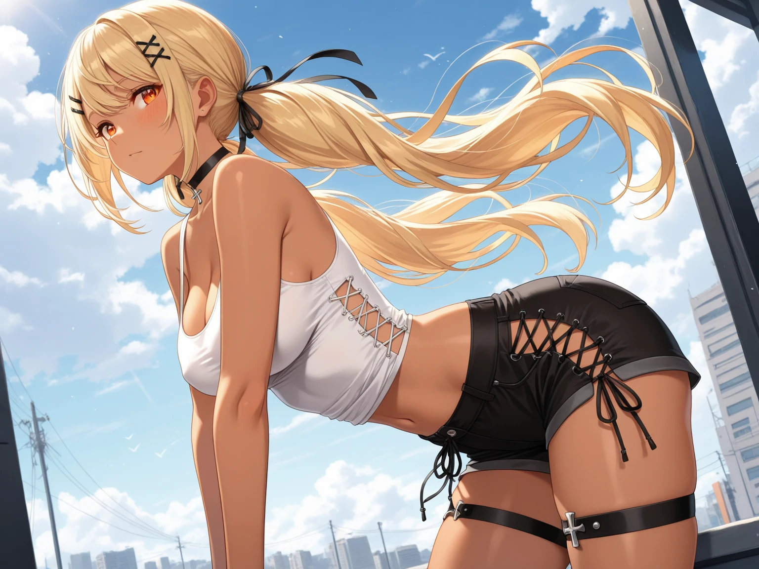 Very detailed、highest quality、Best image quality、masterpiece、8k、Anime Face、A kind smile、Sparkling blue eyes、Open Mouth、(Long Blonde Hair:1.3)、(Wearing a headband)、(SFW Giant)、(((Rear View)))、Cowboy Shot、(wearing a pink thong:1.5)、Muscles of the whole body、woman holding a cat、(NSFW)