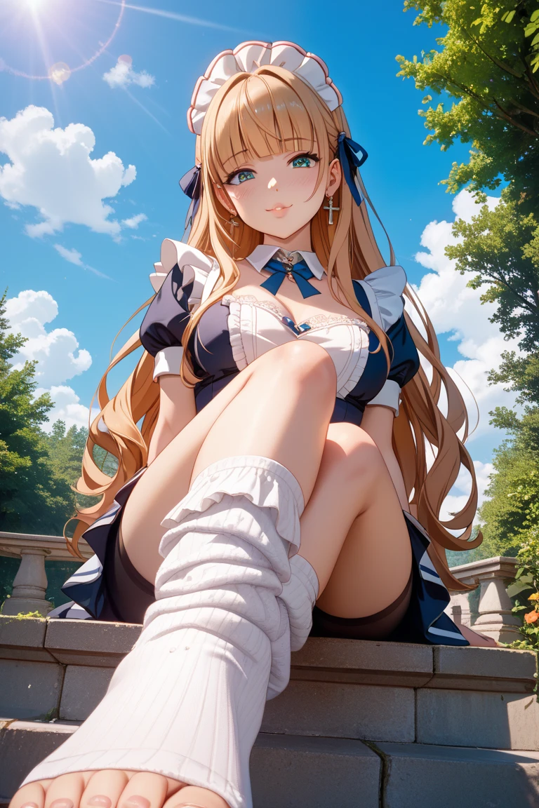 1 girl, One, barefoot, knees up, dress, Sitting, кролик ears, short sleeves, Looking at the viewer, grass, long hair, smile, brown, puffy sleeves, on open air, puffy short sleeves, bang, On the ground, whole body, Animal, white dress, Sun Ray, Brown eyes, dappled Sun Ray, day, depth of field