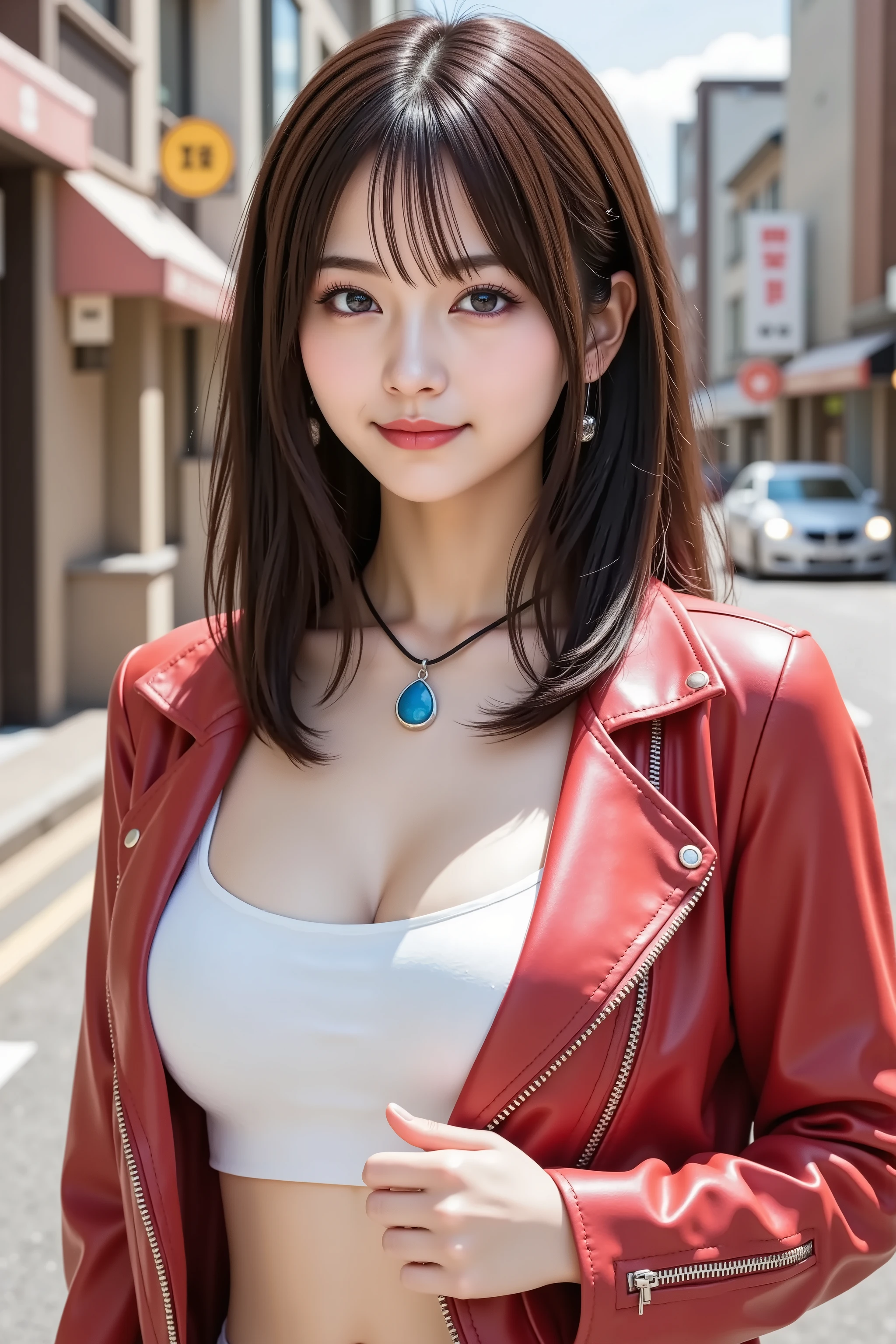 sakura, huge breast, by adjusting the framing so the subject's full head is visible within the composition, a highly detailed and realistic digital illustration of a female character in a stylized military-inspired fantasy outfit, a highly detailed and realistic digital illustration of a strong and confident female character standing on a bright city street during daytime, by adjusting the framing so the subject’s full head is visible within the composition, with the crop showing only from just below the shoulders to slightly above the top of the head. Ensure there is a comfortable amount of background space above the head to establish spatial context. The focus is on her upper body clothing and the surrounding urban background.
She is wearing a bold red leather jacket, unzipped and slightly falling off one shoulder, revealing a simple white sports-style crop top underneath. The fabric of the top is fitted and stretches naturally, while the jacket adds contrast with its glossy surface, metal zippers, and structured seams. A teardrop-shaped blue pendant hangs around her neck on a black cord, resting at the center of her chest and catching ambient light.
Her expression is determined and focused, and her posture is relaxed but self-assured, with one hand loosely gripping the edge of her jacket. The lighting is direct but diffused by the surrounding buildings, creating a balanced highlight along her features and clothing.
The background consists of a bustling city street lined with tall buildings and various shop signs written in Japanese. There are cars parked and driving through the road, and vertical signs and storefronts add layers of depth and realism. Sunlight reflects off windows and casts subtle shadows along the sidewalk and buildings, while wires and urban clutter contribute to the lively and grounded atmosphere.
The entire scene blends urban energy with strong character design, emphasizing contrast in textures and a balance between subject and environment
