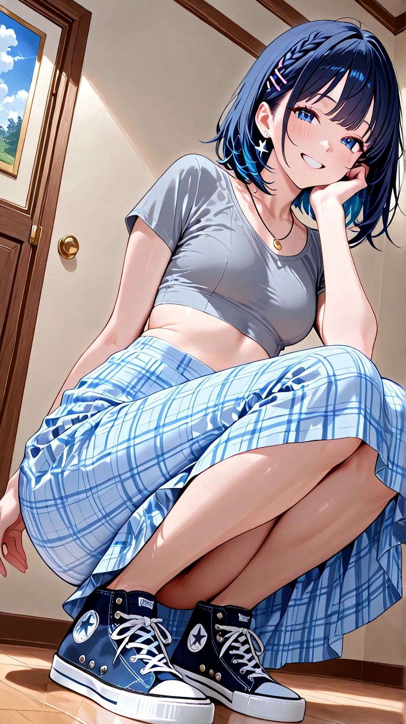 (In the living room)、1girl, (Younger sister kicking)、from the front、Angle from below、(Young face)、(Forehead)、Braid、Long Hair、((seductive grin)), ((high kicking)), 
panties, I have money in my hand、Camisole、Jersey shorts、(1boy), (((penis))), (((eject cum))), The boy collapses under his younger sister and ejaculates from his penis、(The boy had a fight with the younger sister and lost to her.)、In the background, my mother is in the kitchen.、younger sister「Weak... Aniki who lost to younger sister and got a hard dick lol... Pervert masochist lol」