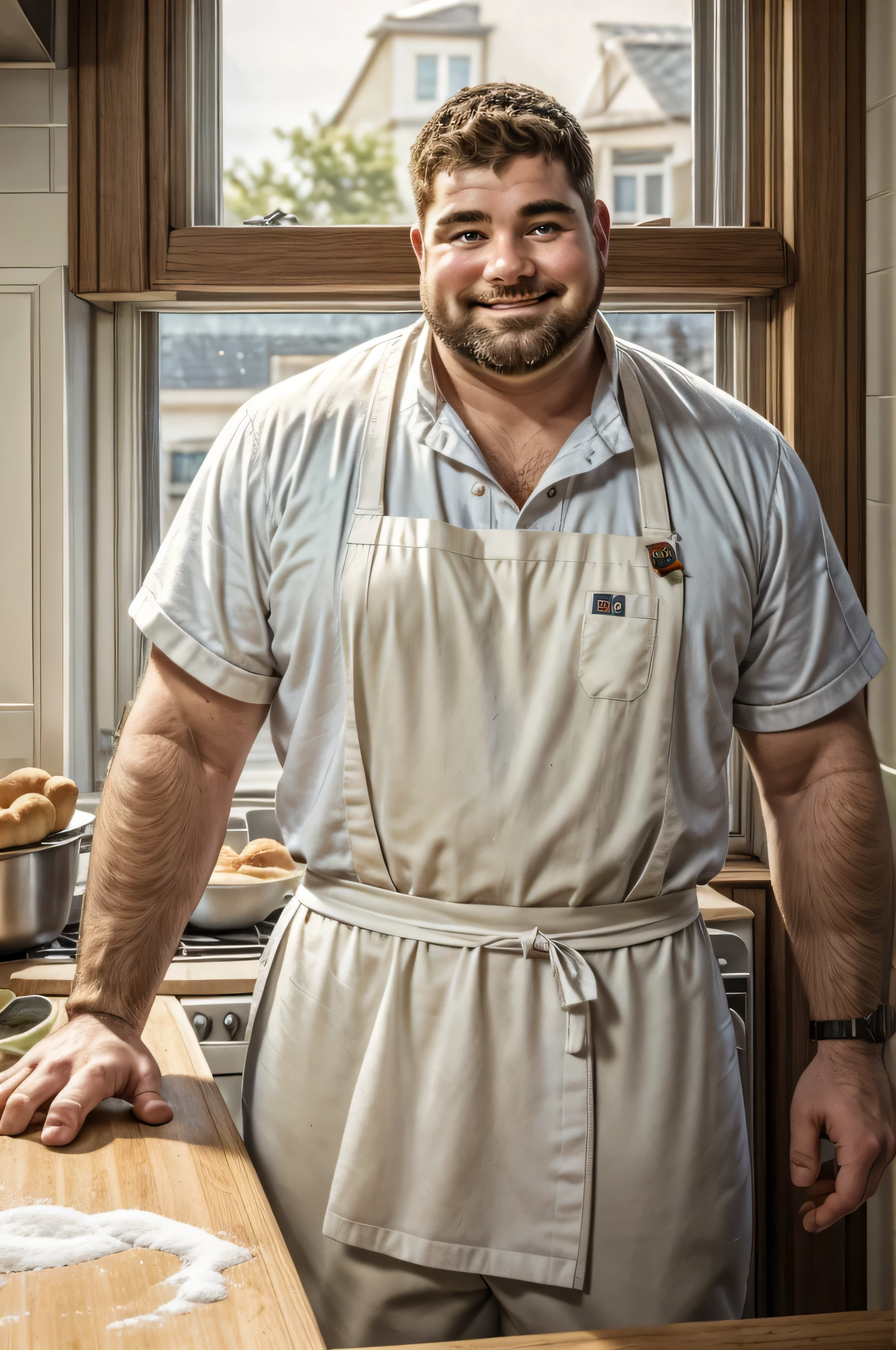 8k, high definition, masterpiece) handsome obese but buffed Caucasian. Wearing a white chef's apron over shirtless torso. Bearded. medium length hair. wearing khaki trousers. kneading a dough on a counter top. his arms and face are dirty with flour. smiling. looking away from the camera. head leans slightly to the side. inside a sun-lit kitchen through a window on his left side. cozy kitchen with plaid mustard-yellow and royal blue motifs. blurred background.
