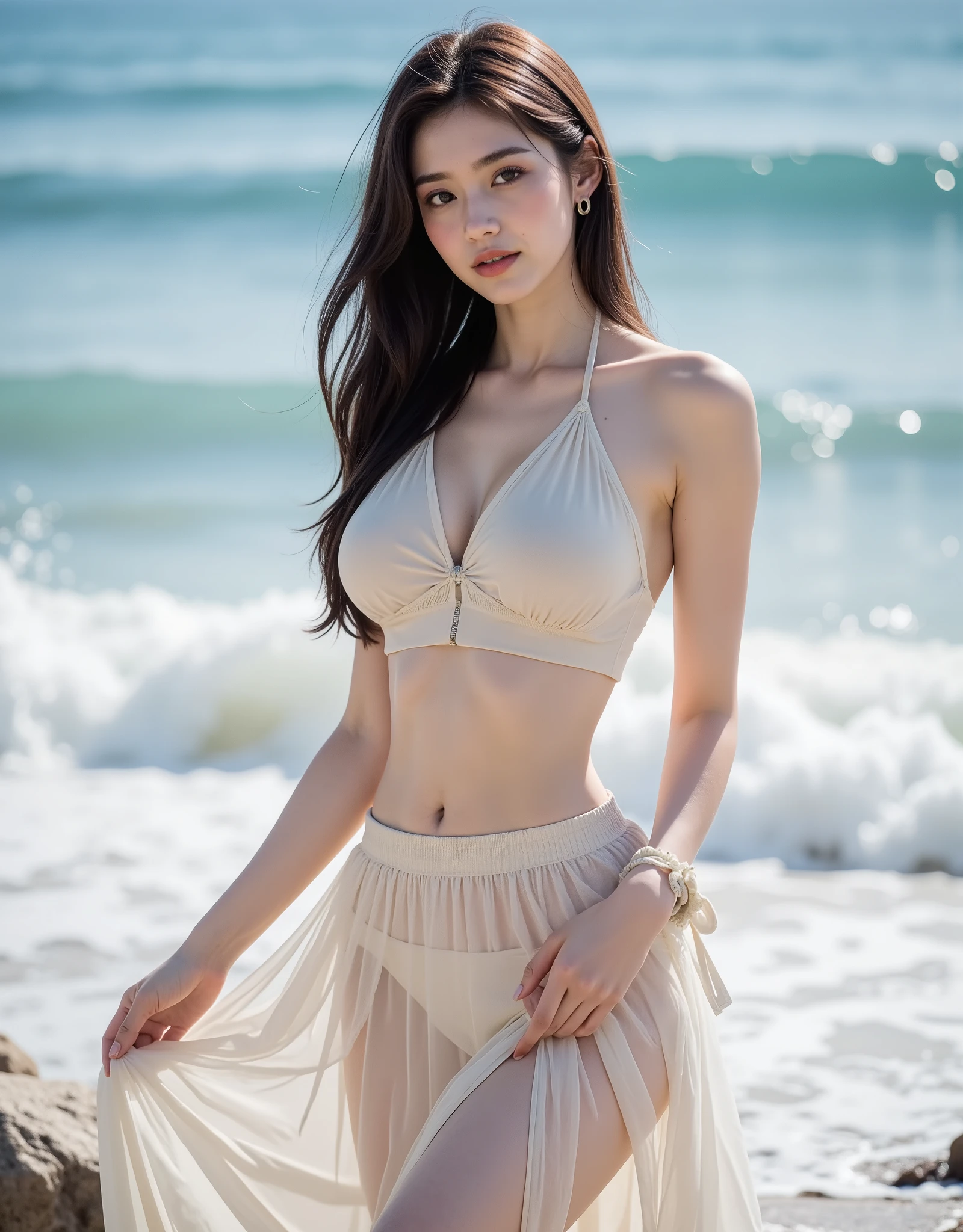 A stunning young woman standing gracefully at the edge of the ocean, with gentle waves crashing behind her. She has long, flowing dark brown hair and a soft, confident smile. She’s wearing a light, stylish, sleeveless halter top paired with a flowing, semi-sheer, high-waisted beach skirt that flutters in the sea breeze. The outfit is boho-chic, accentuating her slim waist and soft curves. Her hand holds the hem of her skirt playfully, and there's a scrunchie on her wrist. The lighting is natural, soft sunlight casting a warm glow on her skin. The ocean is deep blue, and the overall vibe is dreamy, elegant, and serene — a perfect moment of summer freedom captured by the sea.