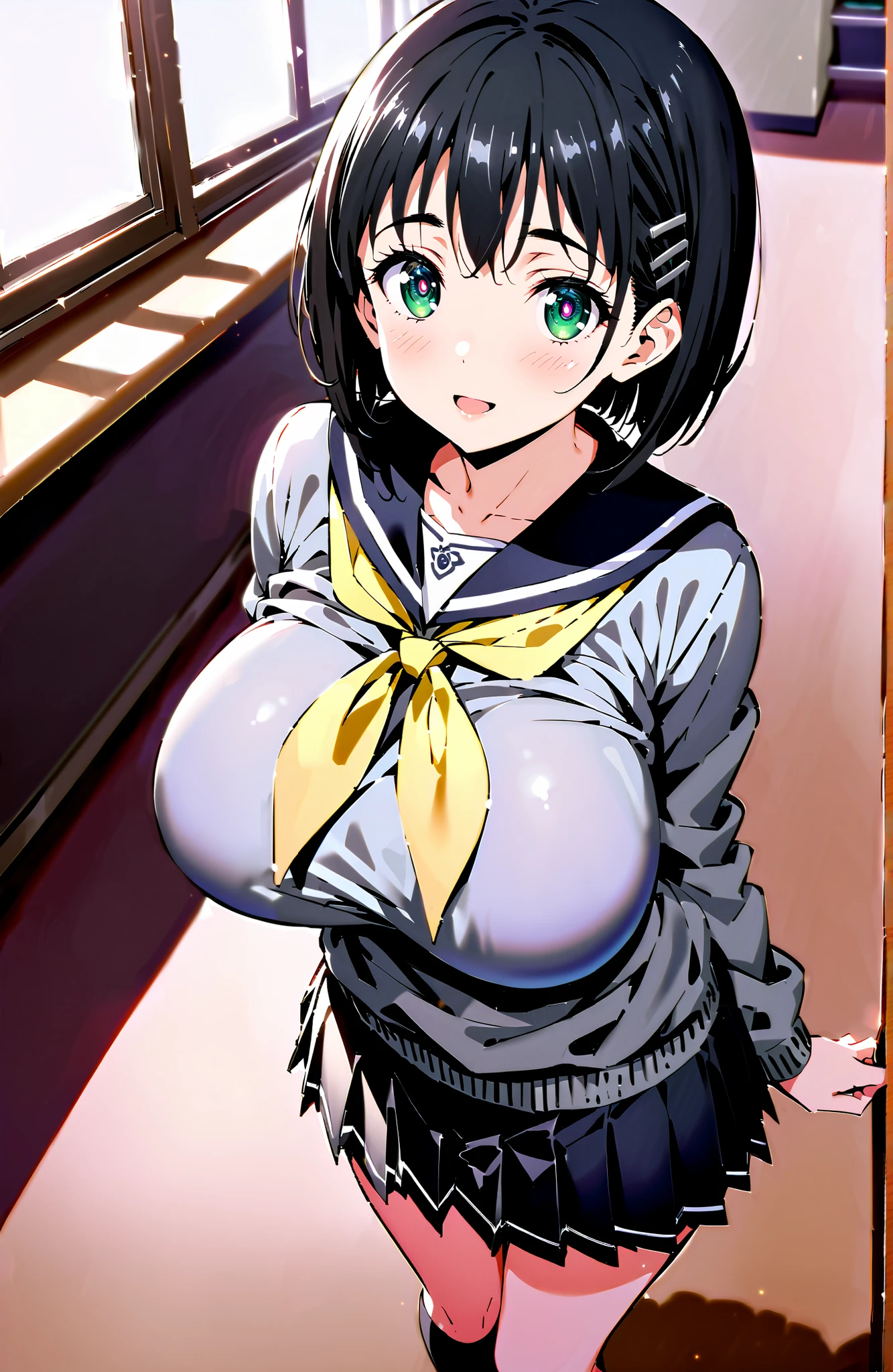 score_9, score_8_up, score_7_up, source_anime, Kirigaya Naoha , short hair, black hair, hair ornament, hair clip, green eyes,smile,blush,and open the mouth,Big Breasts,
school uniform, skirt for ears, pleated skirt for ears, sailor collar, black skirt for ears, Sailor Suit, long sleeve, neckerchief, (gray sweater, sweater:1.2), black sailor collar, yellow neckerchief, black high socks,Holding a bouquet in both arms,standing,break looking at viewer,full body,
break indoors,Classroom,
break (masterpiece:1.2), best quality, high resolution, Unity 8Kの壁紙, ( illustration :0.8), (beautiful detailed eyes:1.6), very detailed faces, perfect lighting, very detailed CG, (perfect hand in h, 完璧な解剖学),