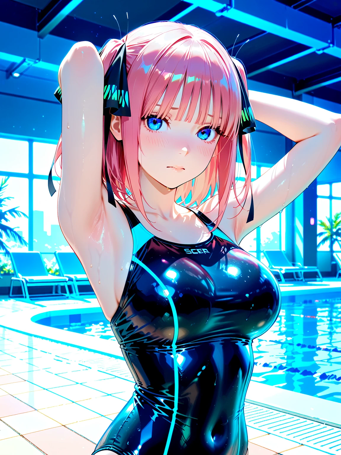 Beautiful girl, pink hair , pink eyes, short hair, (masterpiece), (best quality), (ultra detailed),(disheveled hair),(illustration), (1girl), (wear bath suit ), swimming in a pool, standing,Fashion model,looking at viewer, (interview), (simple background),beautiful detailed eyes,delicate beautiful face,Floating,(high saturation),(colorful splashes),colorful bubble,(shining),focus on face,
