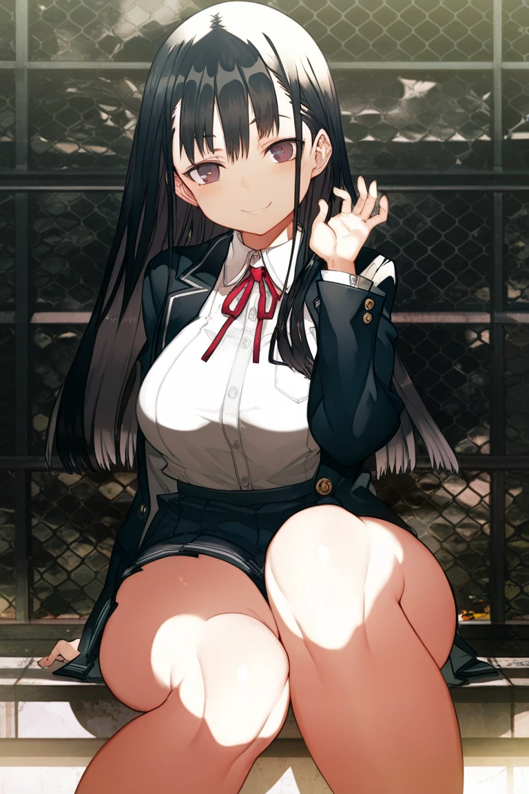 best quality, masterpiece, ultra high res, detailed background, realistic, 1girl, solo, female, muscular, mature female, long hair, black, straight, bangs, makeup, sitting on a chair, legs open, showing panties, seductive scene, sticky school clothes, wet breasts, open mouth, serious face, sexy beak, beautiful eyes, well done, clear black eyes, blue eye pupils, ?????? expression, school, real shadow and light, depth of field, huge boobs, torn clothes, torn bra, uderboob, looking at the viewer, strong wind in the face, strong wind in the hair, loose hair, Dark Signer Carly Nagisa, Konosuba, sweaty, wet, sexy, flushed, embarrassed, moaning, ((thick white liquid on the breasts)), (((very sweaty)) ((the body is dripping wet)) ((wet thighs)), ((spreading thighs)), No mistakes, well detailed, extremely well done