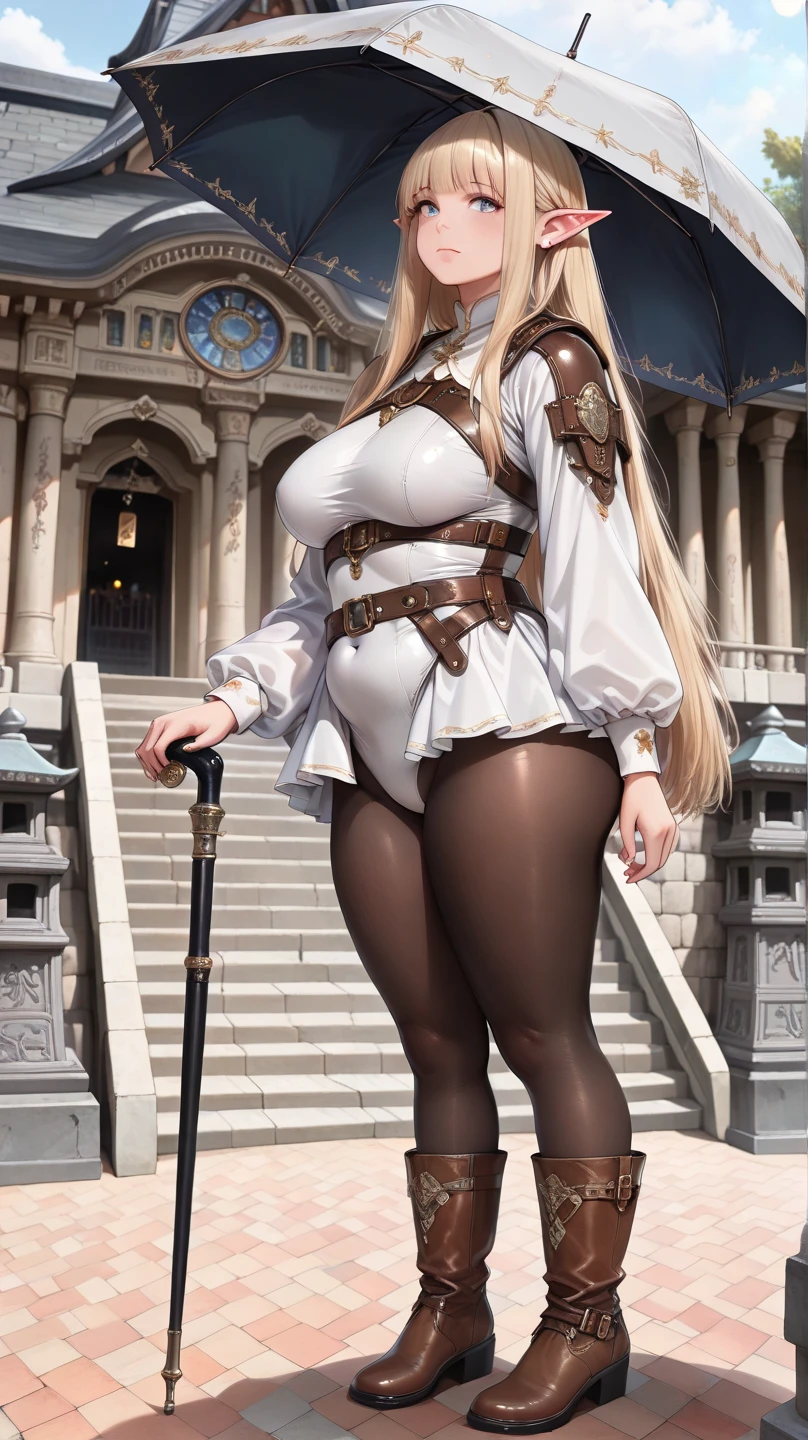 Anna Semenovich. long curly hair. choker. gigantic breasts. gigantic hips. granny. nude. bow. Thigh-high boots. armor