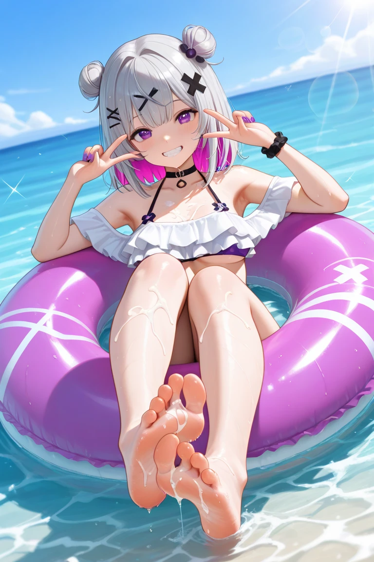 best aesthetic, Furina, 1girl, solo, long hair, breasts, looking at viewer, smile, bangs, very large breasts, really huge butt, big butt, swimsuit, cleavage, pink lipstick, kiss marks, outdoors, sky, day, bikini, cloud, tree, water, pedal, blue sky, purple bikini, pink pool float, inflatable butterfly wings, beach ball, palm tree, beachball, beach umbrella, ocean waves, a beautiful young woman wearing a purple bikini, lounging on a pool float in a sparkling blue pool. She is surrounded by tropical flowers and palm trees, and the scene is set against a backdrop of a bright blue sky with fluffy white clouds. The woman's pose is sexy and seductive as she floats in the pool, enjoying the sunshine. The colorful flowers, pool float, and her bold purple bikini all contribute to the fun, summery vibe. The overall atmosphere is cheerful and lighthearted, capturing the essence of a perfect poolside day.