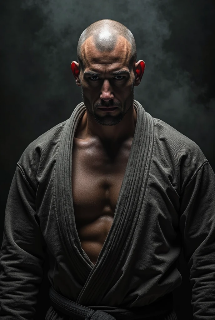 homem em frente a uma gigantesca montanha ao fundo, with arms crossed, Man in combat position, Quimono de jiu-jitsu, com barba preta grande 8k, hyper realista, detalhado.