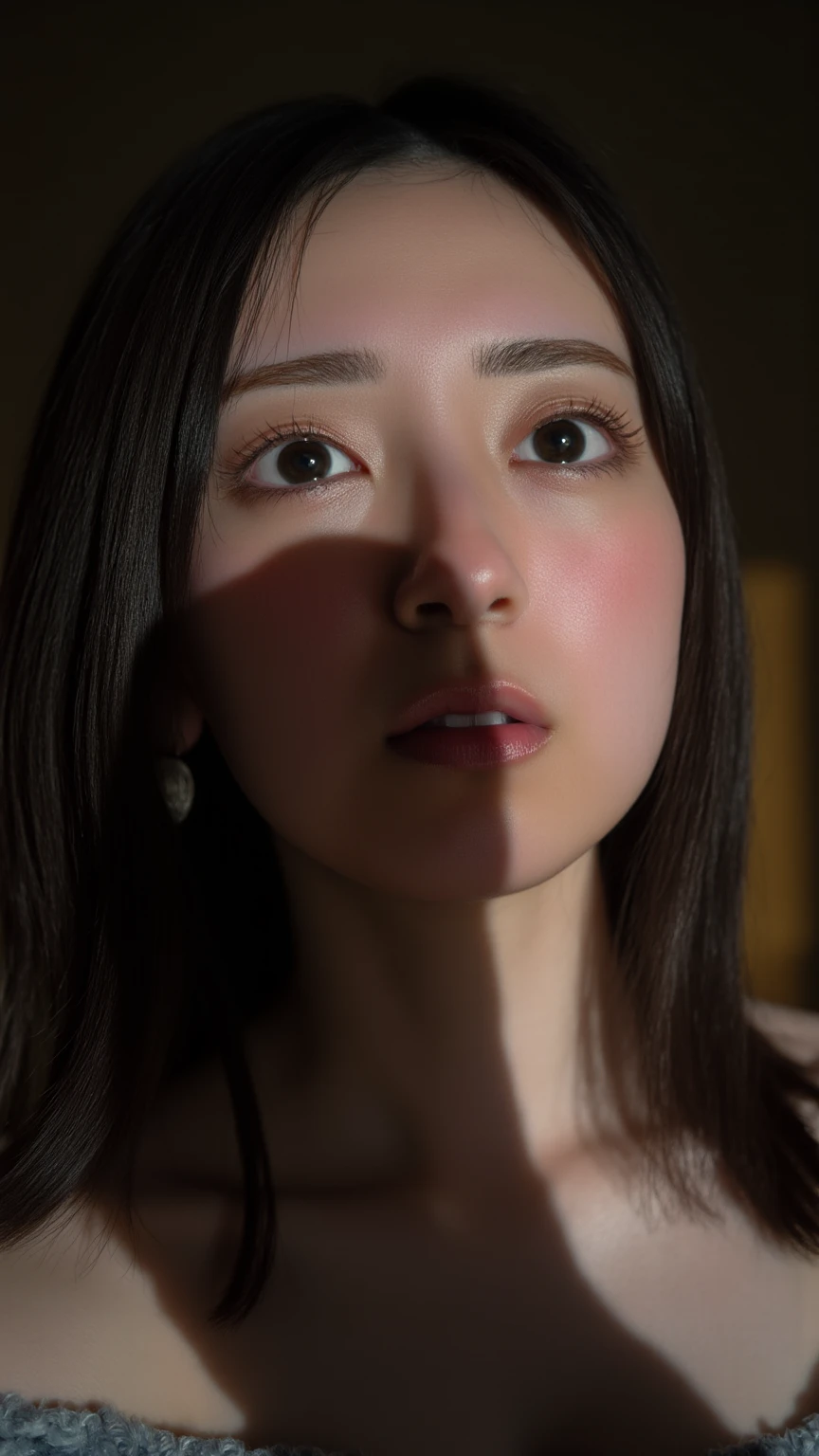 beautiful girl, Kneeling in front of the viewer, the shadow of a huge penis cast over her face, She looks up at penis shadow on her face with awe, detailed facial features, realistic, dramatic lighting, high quality, 8k, very detailed, masterpiece.mouth, happy