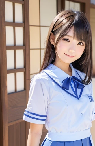 ((anatomically correct)), ((masterpiece)), (((portrait))), ((((real)))), (skinny), girl, slender, ((Japanese middle school girl)), ((((光沢のある青色と金色の服を着ている)))), ((cute girl)), ((青色と金色の服)), (((青色の服))), (((金色の服))), 