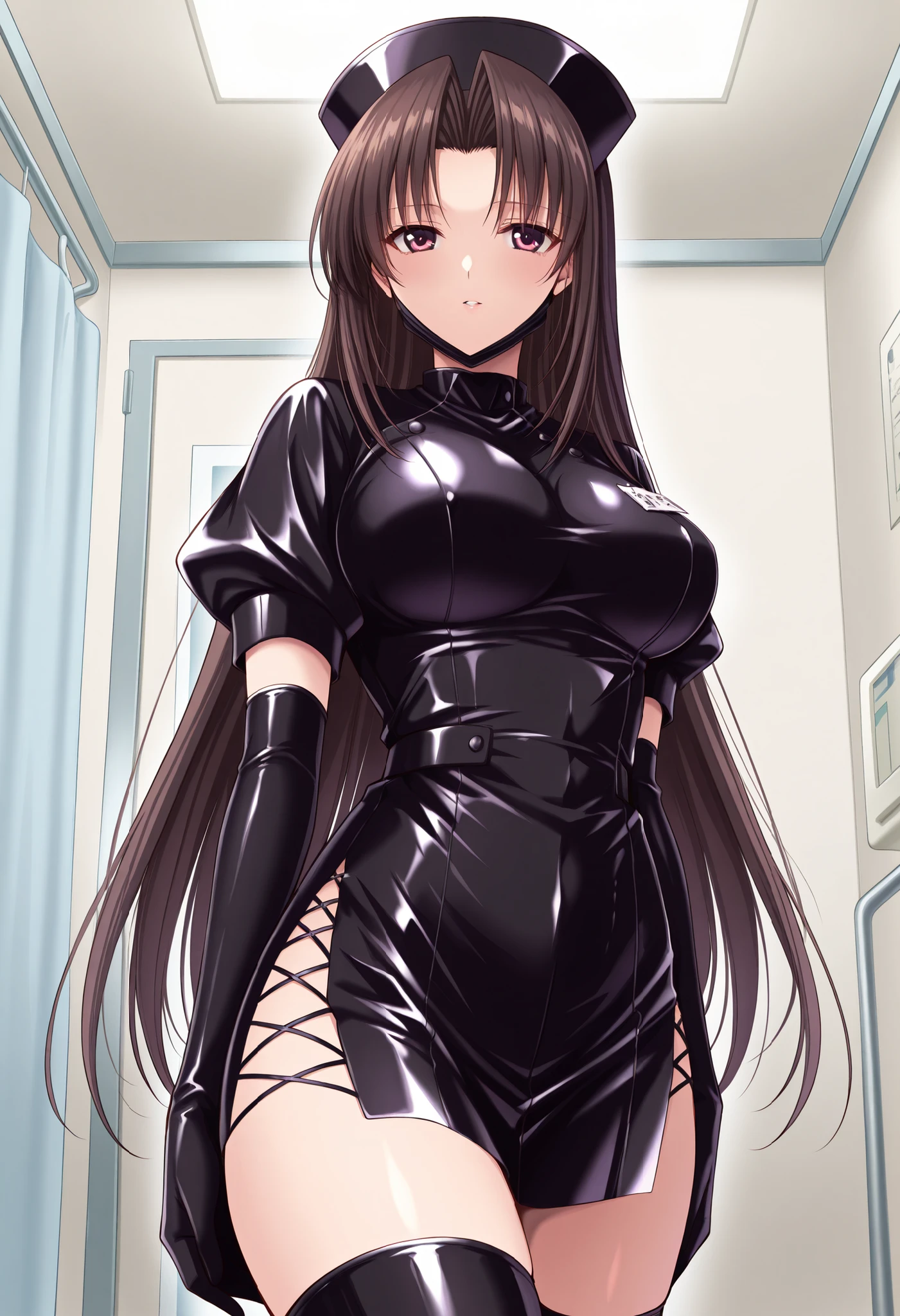 Score_9, score_8_up, score_7_up, source_anime, shirakawa ryouko, solo, brown hair, long hair, parted bangs, hair intakes, red eyes, purple eyes, large breasts, enamel leather dark nurse, latex dress, black latex elbow gloves, black latex legwear, latex, latex skirt, (best quality), (high quality), {masterpiece}, extremely delicate and beautiful, ultra-detailed, beautiful detailed eyes, nurse, nurse hat, ((black nurse's outfit)), surgery room, black rubbermask, mask, mouth mask, standing