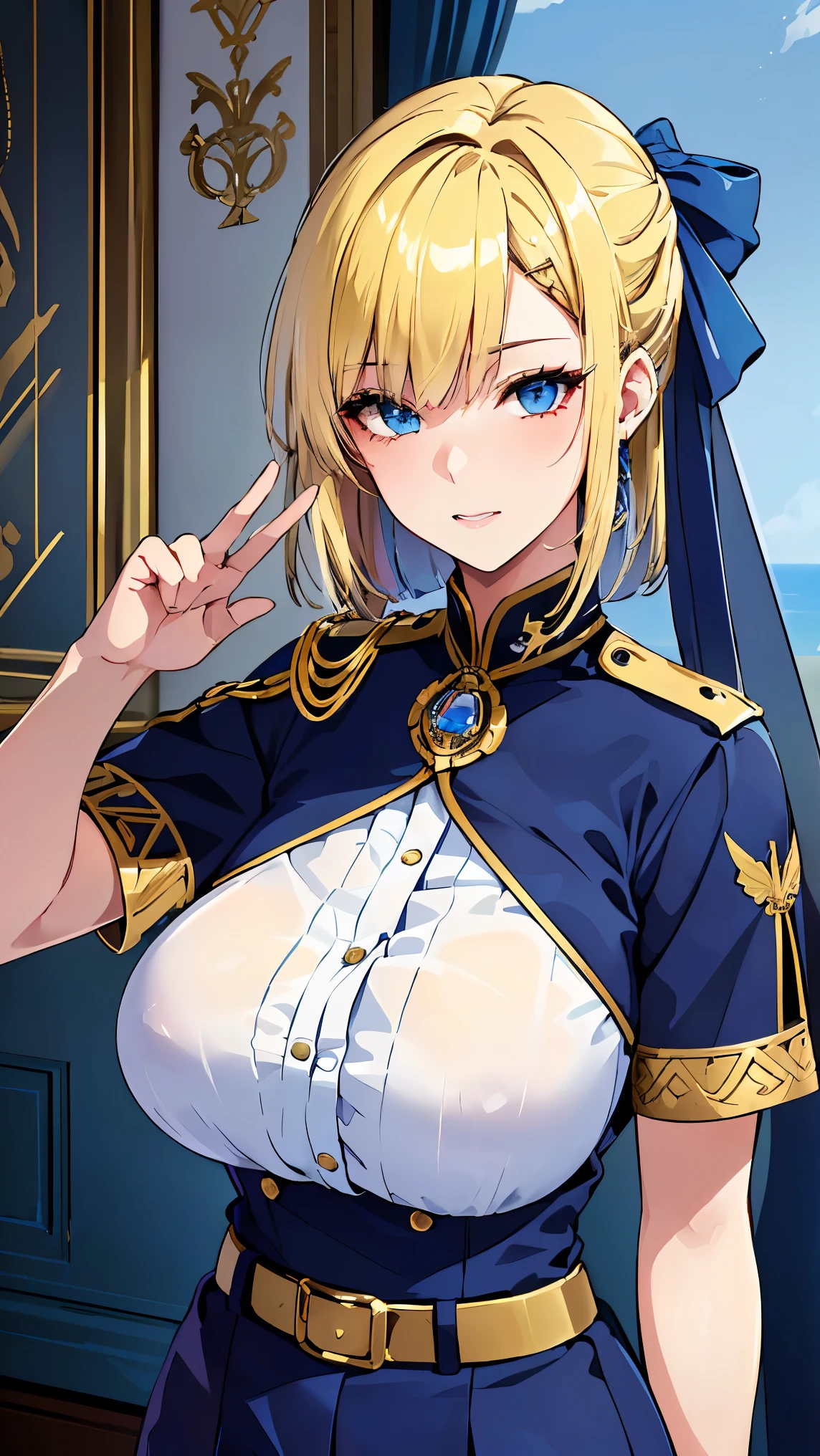 (((Best quality, 8k, Masterpiece: 1.3)), ((best quality)), ((masterpiece)), (detailed), perfect face, A fictional female military officer with blonde hair and blue eyes, wearing a regal blue military uniform intricately trimmed with golden embroidery. Her collar is adorned with a golden insignia inlaid with fine blue details. She wears a deep blue belt with a pure gold buckle. Her voluminous hair is tied back with a blue hair ornament. The entire scene is themed around "a duet of azure and gold", emphasizing only these two colors. Elegant, noble, and commanding presence, with sharp detailing, soft lighting, and a focus on contrast between the blue and gold elements, ((blonde hair))