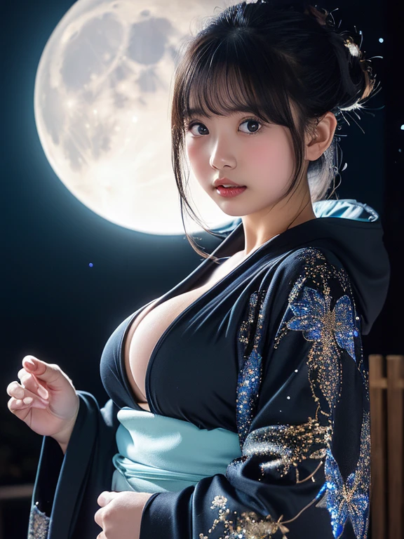 ((highest quality, 8k, masterpiece :1.3)), whole body, sharp focus :1.2, Beautiful Japanese woman with perfect figure :1.4, thin abs :1.2, ((dark brown hair, big breasts :1.2)), 真夜中に三脚とカメラを設置してstar空撮影に集中する女性, Wearing a bright blue jacket and black leggings that stand out in the dark, Her attitude towards capturing the beauty of the universe、Demonstrates inquisitiveness and passion, Highly detailed face and skin texture, fine eyes, double eyelid, cleavage, fantastic light, star々A scene depicting a quiet exchange between a woman and the shining night sky., one japanese woman, calm expression
