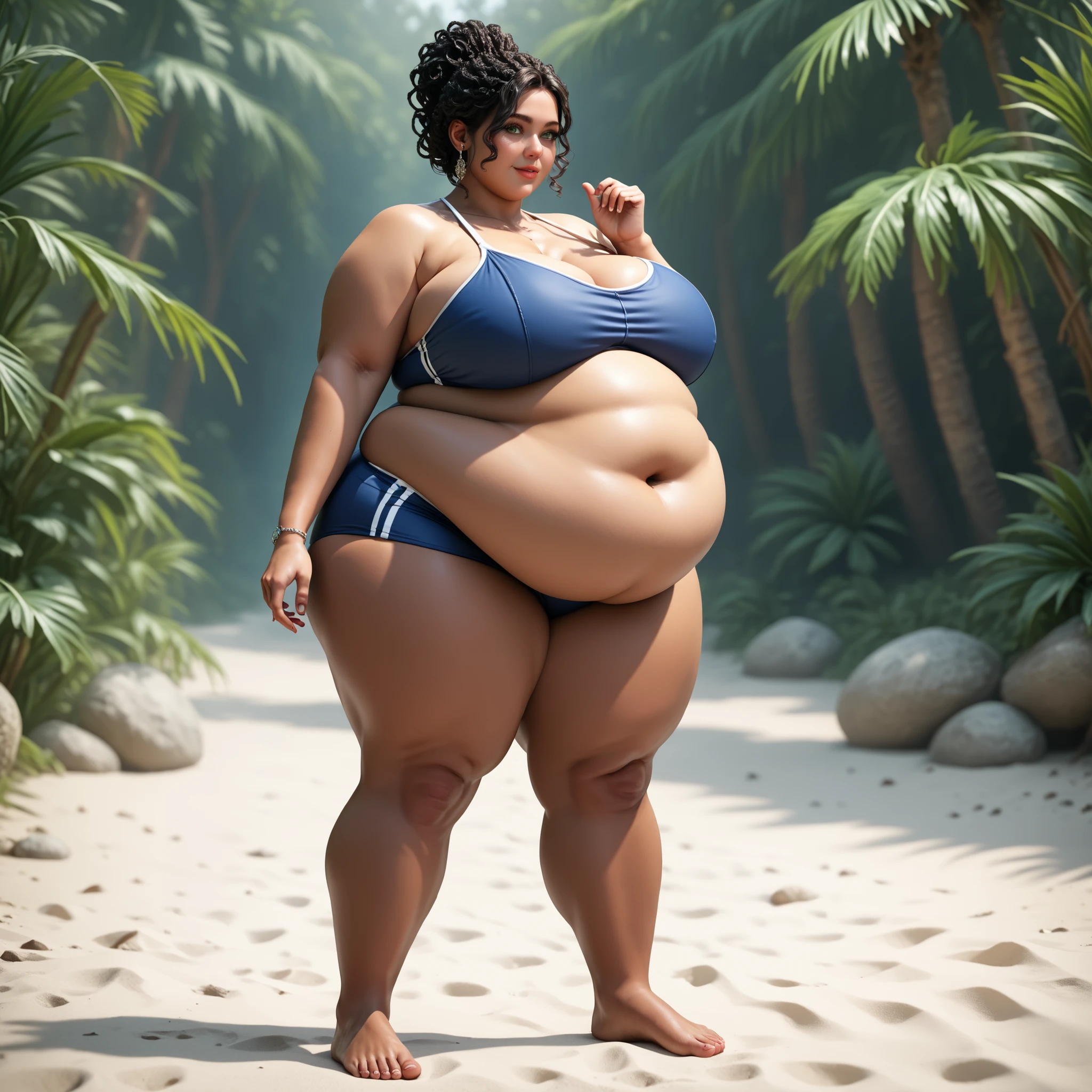 single female, high quality, druid, mature, beautiful model face, green eyes, black hair, slightly curly hair, hair up, brown skin, African , sleek face, tall, taller body, long legs, voluptuous fatty figure, big fat belly, thick wide love handles, gained lots of weight, even fatter and more obese, body is wider and softer, breasts aren't large, chest is flatter, smaller breasts, gained even more weight, wider hips, hips are really girthy, even fatter, big sloshing round belly, high quality lighting, even fatter and gained more weight, big soft belly, bigger belly, zoomed out view, breasts are smaller, more side fat around her belly, more obese and fat, holding big fat tummy, gained more weight, really big belly bulging out, at beach, random pose, side profile, wearing swimsuit