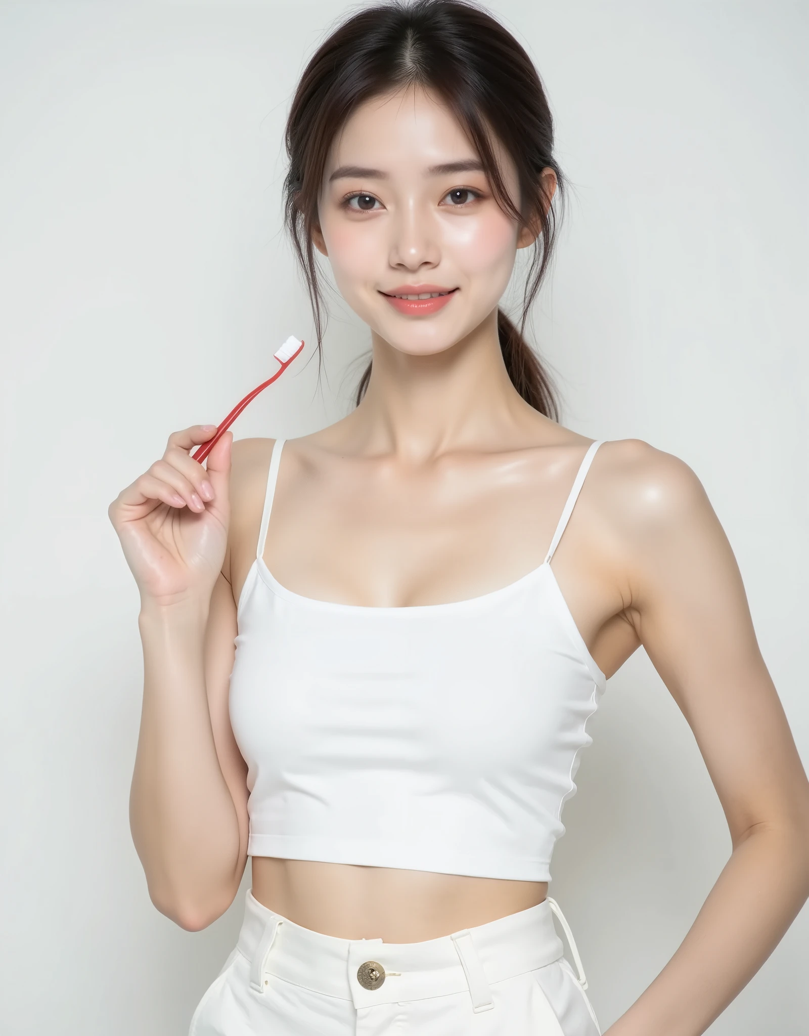 A beautiful young Asian woman with clear, glowing skin and natural makeup poses confidently against a pastel white background. She is smiling warmly and holding a tooth brush. She is wearing a fitted white spaghetti strap top and high-waisted white pants, giving a clean, minimalistic, and fresh appearance. Her dark hair is neatly tied back in a low bun, with soft strands framing her face. The overall vibe is cheerful, healthy, and fresh—perfect for skincare, beauty, or wellness themes.