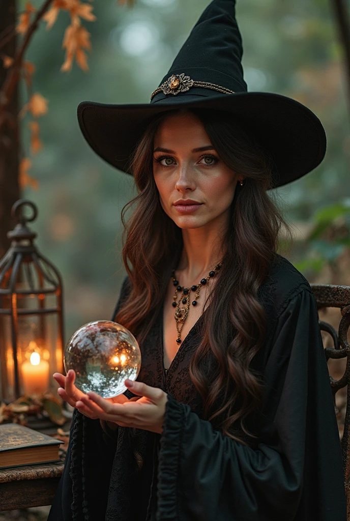 Villain, 200-year-old witch, long black hair, magic in her hands shining