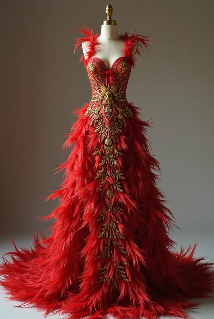 An image of a ball gown with luneville embroidery inspired by endangered animals from Colombia and featuring faux fur on the dress and visible front and back