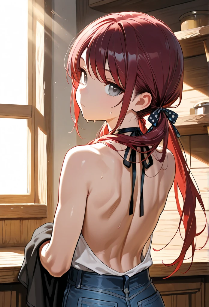 (A sexy Asian woman ?(age 20), (tiny bikini, athletic, big butt, long hair put up in fancy style) she has love poems penned with henna on her back in a artsy font) she is holding her hair up, her back is to the viewer
