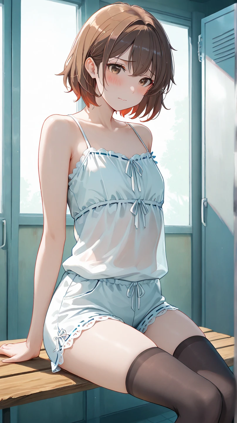 8k, masterpiece, best quality, realistic, highly detailed, cowboy shot, 1girl, erotic , solo, serious looking girl, medium-length hair, expressive, reddish-orange hair, a pair of star-shaped hairpins near both of her eyes, dark blue eyes, average height, well shaped erotic figure, glasses, cute, sexy tiny x-mas lingerie