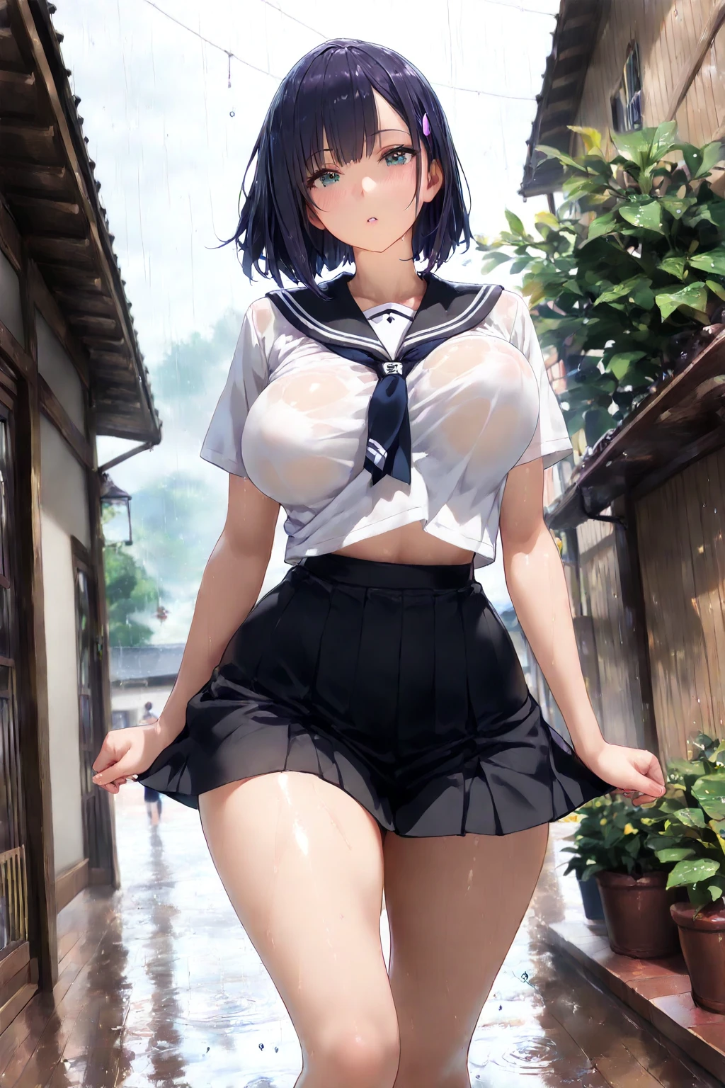 highest quality,masterpiece,8k,((((1girl)))),((big breasts:1.3)),orgasm,blush,sweat,zodiac_suguha,black hair,short hair,((serafuku,white shirt,black skirt,mini skirt,lift skirt,upskirt,white panties,black thighhighs:1.1)),full body