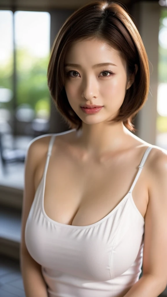 (8K、nffsw、Hi-Res)、((((a picture、Raw photography、Hyper-Realism、​masterpiece、top-quality、超A high resolution))))、(Pin Light、Back lighting、Back lighting、ciinematic light)、foco nítido:1。4、(Hyper-detailing、finedetail)、cowboy  shot、 1girl in、Egg-shaped face、Big, Beautiful eyes like a cat、small and slightly plump lips,,,,,、thick eyebrow、long and beautiful eyelashes。Transparent throughout makeup、There  a pink touch and sparkling lip gloss on the cheeks。Hairstyle  dark brown medium hair with wavy waves。Random and sexy poses,Random situations、large full breasts、cleavage of the breast、A smile、bokeh feeling、25-years old、(Drooping eyes 1.5)、 beauty、natural、japanes、(((Wearing a seductive outfit)))、Small piercings、((in orange tree:1.3)), (In an office in a high-rise building:1.3),  ((Focus on Face:1.2)), (Cowboy Shot:1.2),