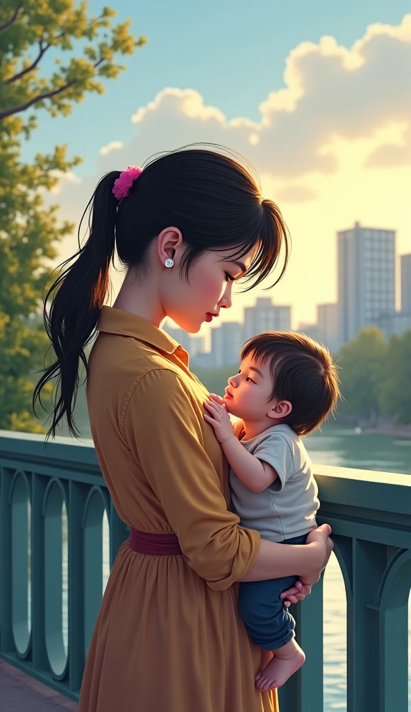 Carefree boy playing in park，The beautiful mother looks at the child tenderly in the back。