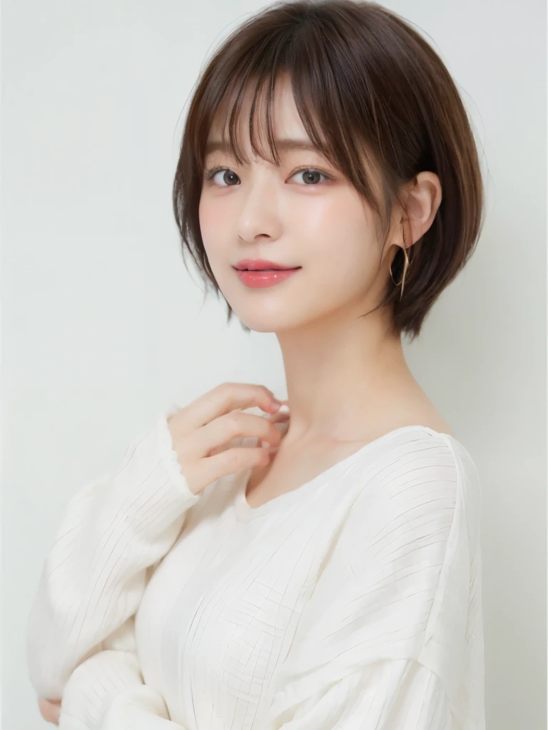 (highest quality、8K、32K、masterpiece、nffsw:1.2)、Photo of a beautiful Japanese woman in her 30s、mature woman、very short hair、short hair、shortcut、Upper body、necklace、カメラ目線、耳にピアス、ネックレス、、(realistic、Photoreal:1.37)、1 girl、Shot in natural light、Physically based rendering、excellent image quality、High resolution、1080P、(Detailed facial description)、(Detailed explanation of hands)、(Detailed CG)、Rich details、(exquisite features)、(best image quality)、(masterpiece)、(fine eyes)、delicate clavicle、Versatile poses、profile、white wall、Taken in front of the white door、(窓のあるwhite wallの部屋)、earrings、laughter、Spring clothes、((Long sleeve dresses))