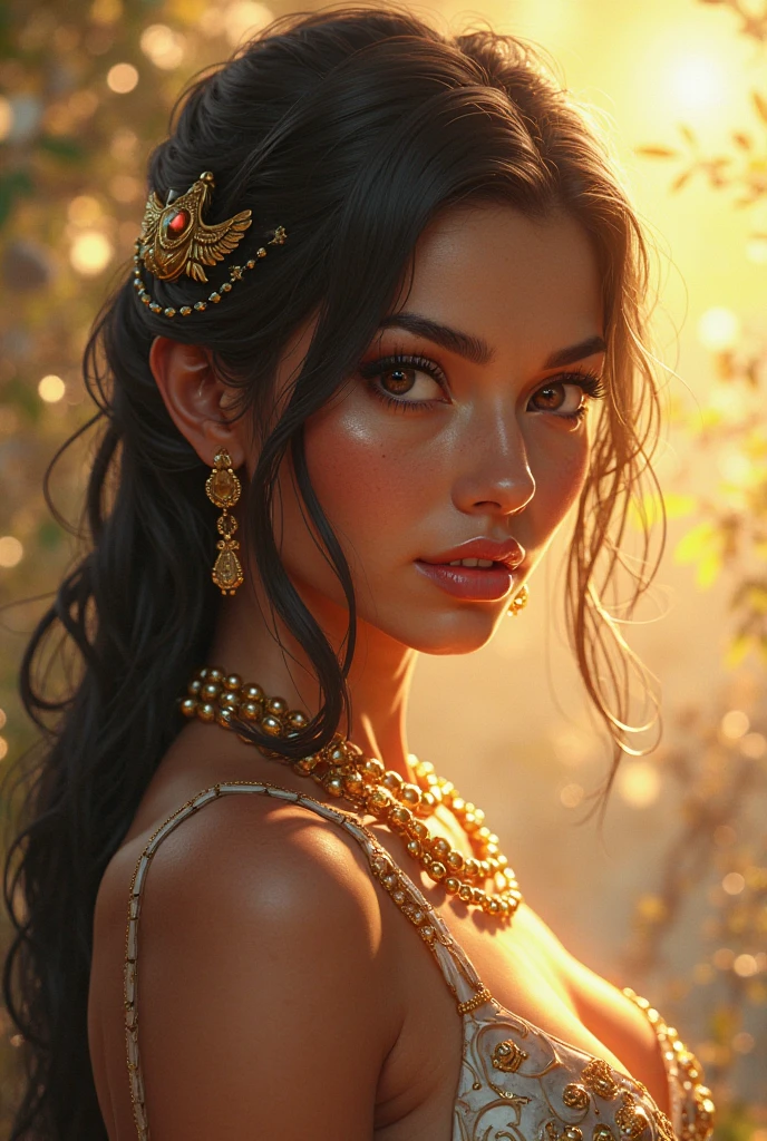 Ek ladki jiske balck hair hai or dual partician ho rakha hai or maang me bada sa maang tika ho round shape me or earings bhj badee hone chaiye or nath honi chaiye sirf el chain jitni patli or dress me golden V shape blouse or half pet dikhna chaiye or lower part me light golden dhoti shape full skirt and hands me snake ornaments or full photo or pet itna bhi na dikhe or skin pe thoda thoda snake shredd texture orr eyes me light golden makeupp and vo bilkul ek seperent lagni chaiye