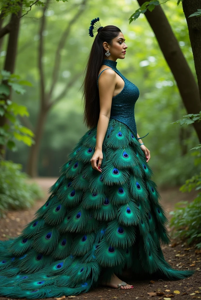The beautiful Chinese asian adult girl with beautiful cheeks wears peacock lycra turtleneck zentai unitard catsuit with large peacock tail and peacock lycra elastane stretchy dancewear inner hijab-like zentai open face hood covered with peacock feather.She is happy.She always put real peacock eyeshadow makeup that are made of blue colour makeup pen.She acts a peacock.She is at Jungle.When she opens her tail beautiful.