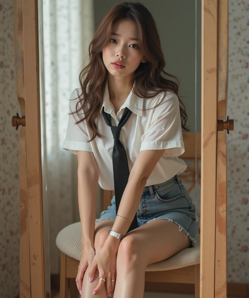 Skinny beautiful Korean girl, 18 years old, pretty girl, kpop idol look, big breast, sitting on a chair in a cafe, white oversized button up shirts
