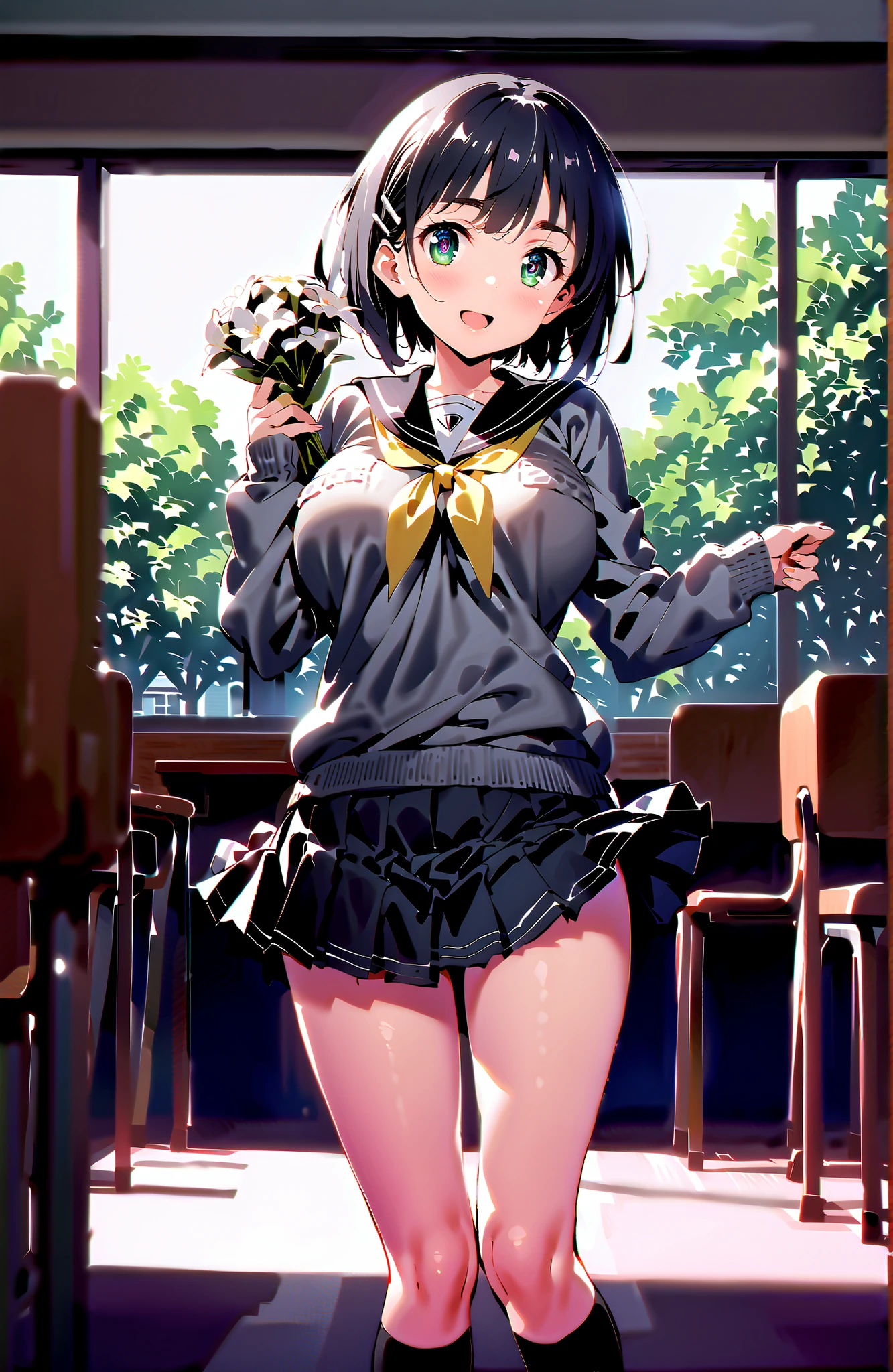score_9, score_8_up, score_7_up, source_anime, Kirigaya Naoha , short hair, black hair, hair ornament, hair clip, green eyes,smile,blush,and open the mouth,Big Breasts,
school uniform, skirt for ears, pleated skirt for ears, sailor collar, black skirt for ears, Sailor Suit, long sleeve, neckerchief, (gray sweater, sweater:1.2), black sailor collar, yellow neckerchief, black high socks,Holding a bouquet of flowers with both hands, Flower blowing snow,machine,chairs,window,curtains, Beautiful Streetscapes,standing,break looking at viewer,full body,
break indoors,Classroom,
break (masterpiece:1.2), best quality, high resolution, Unity 8Kの壁紙, ( illustration :0.8), (beautiful detailed eyes:1.6), very detailed faces, perfect lighting, very detailed CG, (perfect hand in h, 完璧な解剖学),