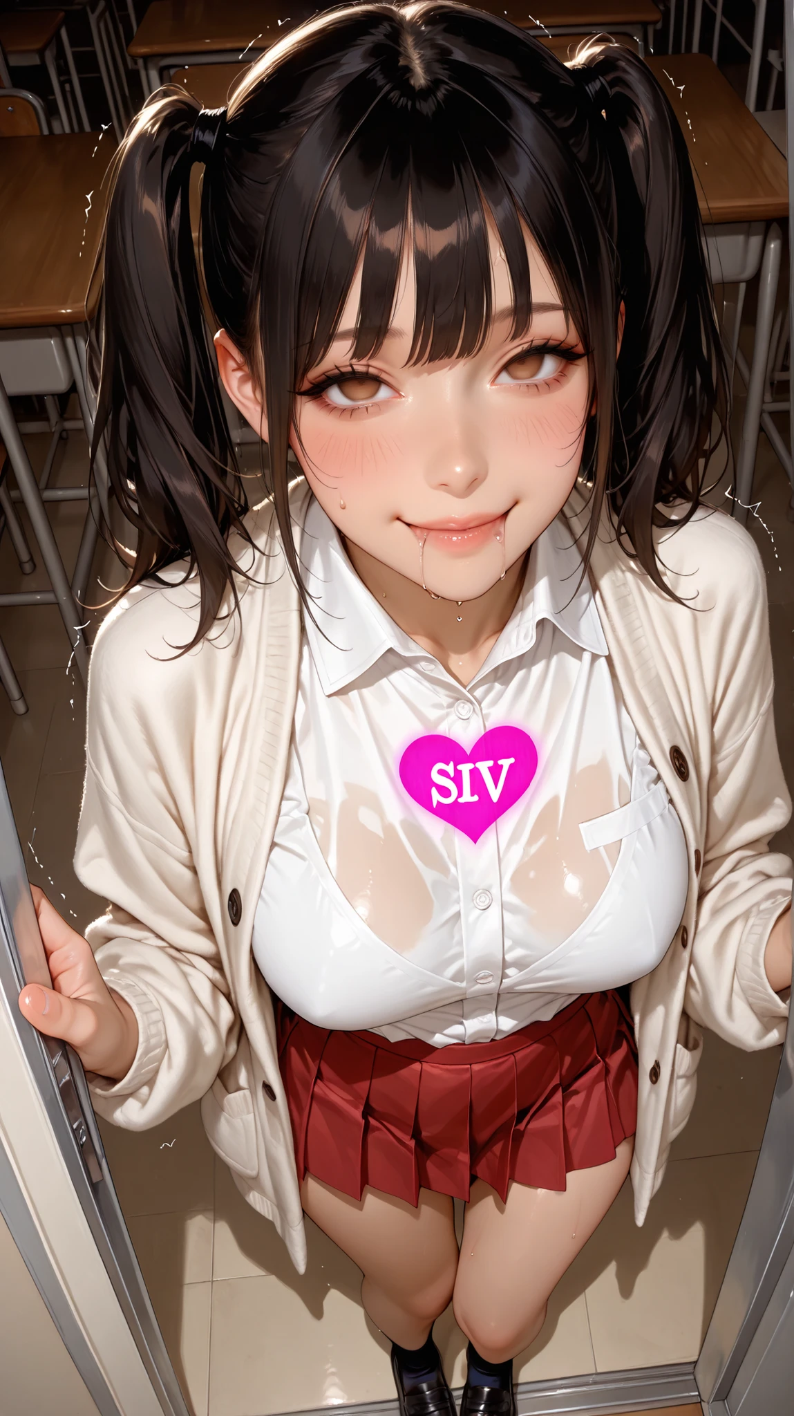 (sfw:1.5), (realistic), (masterpiece, Best Quality, High resolution, detail hands, detail fingers, detail face, detail leg, perfect lighting), (1girl, solo, detail girl, 20years old girl), sfw, 8K, masterpiece, Best Quality, High resolution, detail hands, detail fingers, detail face, detail leg, perfect lighting, Glossy skin, (1girl, solo, detail girl, 20years old girl), cute girl, (black Hair, twintail hair, himecut, brown eyes, medium breast), (gray fur coat, white open cardigan, white dress shirts, red pleated skirt, black loafer), (morden, class room), (standing still), (empty eyes, brainwashed, hypnosis), (smile, upwards eyes, drooling, sweat, looking above), (trembling with sexual climax, aroused, blush), (thigh gap), (phone, symbol of heart), (pov),