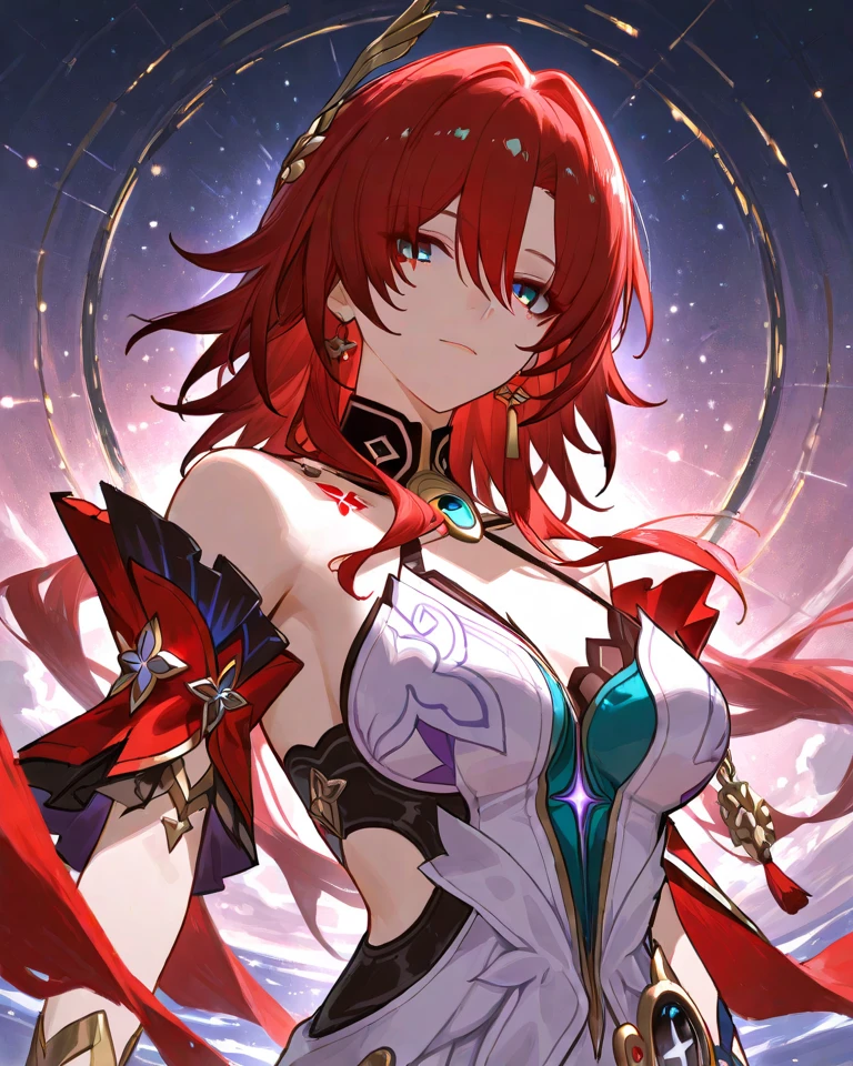 anime style illustration, Aurora, snow country, holding a sword, illustration, calm expression, perfect hands, elder, red hair, Dignity at 50, ほろ酔いのfemale, alone、masterpiece、best quality、(ladies)、fractal art、red eyes、narrow eyes、Black and red dress, red lips、From the shoulder above、serious face、一人のfemale、red long ponytail, Curly hair, red eyes,golden accessories, alone, big bust, female, takeout, provocative laughter,40 year old female,queen of sadism, perfect human medicine,Acheron, Estilo Genshin Impact, battle stance, very detailed, high resolution, whole body, sword rain red, black hole red