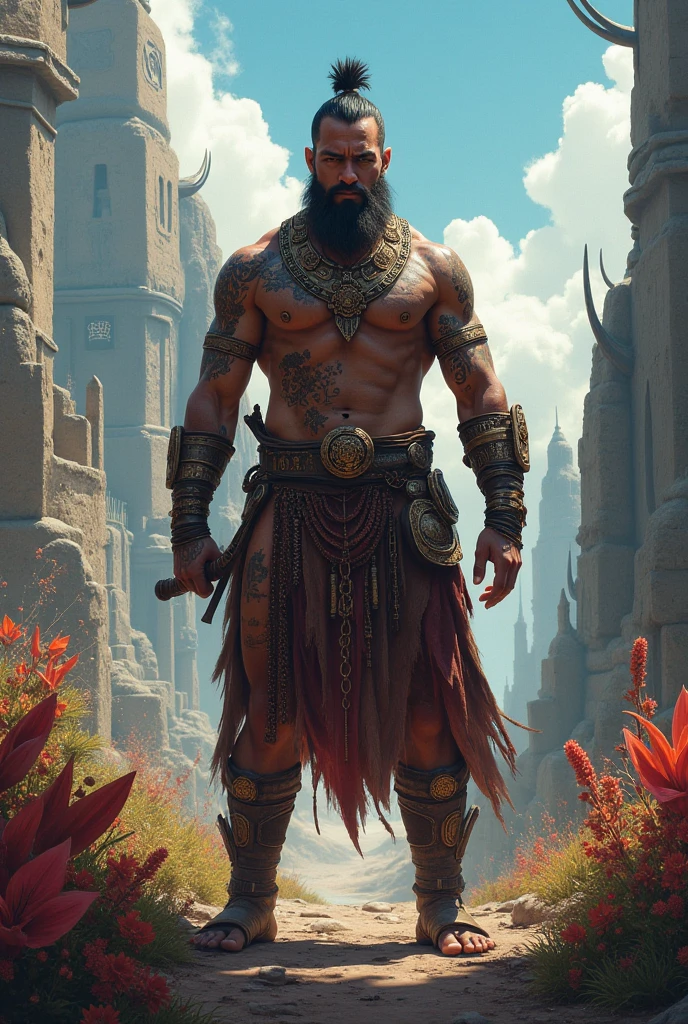 male warrior detaillierter Hintergrund, Komplizierte Details), Fantasy-Thema, Male , warrior , hairy , black hair , hairy body, ded world, medieval, ::grey skin, dark grey skin, dark skin braided red hair