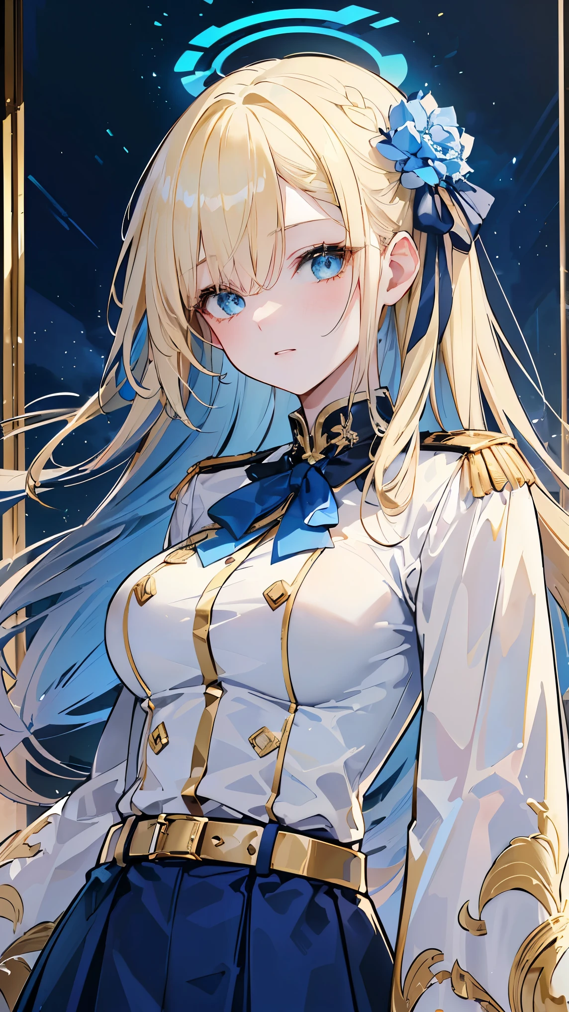 (((Best quality, 8k, Masterpiece: 1.3)), ((best quality)), ((masterpiece)), (detailed), perfect face, sharp detailing, A fictional female military officer with blonde hair and blue eyes, wearing a regal blue military uniform intricately trimmed with golden embroidery. Her collar is adorned with a golden insignia inlaid with fine blue details. She wears a deep blue belt with a pure gold buckle. Her voluminous hair is tied back with a blue hair ornament. The entire scene is themed around "a duet of azure and gold", emphasizing only these two colors. Elegant, noble, and commanding presence, with sharp detailing, soft lighting, and a focus on contrast between the blue and gold elements, a duet of azure and gold
