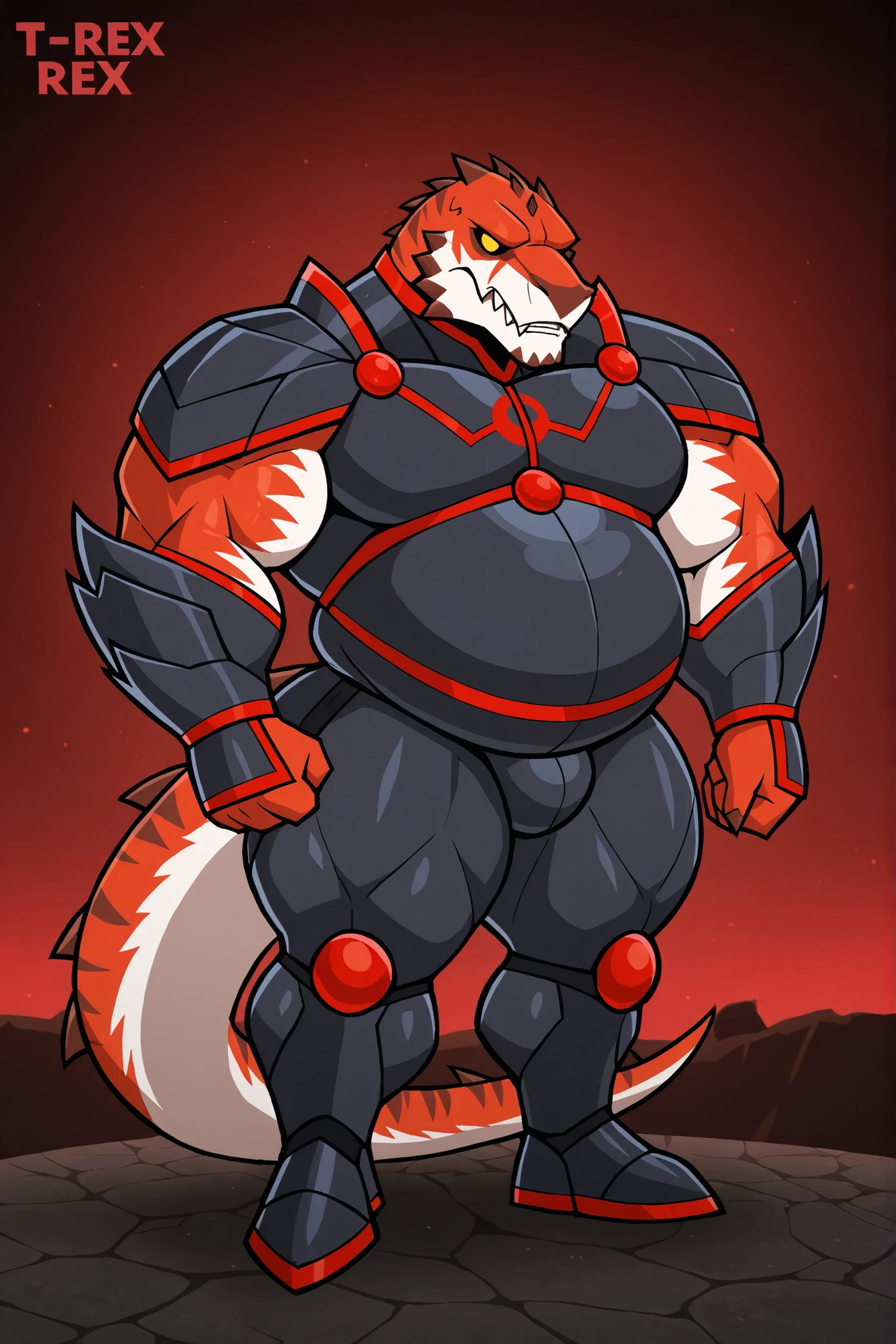Red t-rex, male focus, yellow eyes, full body, huge muscular, big belly, bulge, muscular arms, thick thighs, black armor, red lights, red symbol in the pectorals, solo