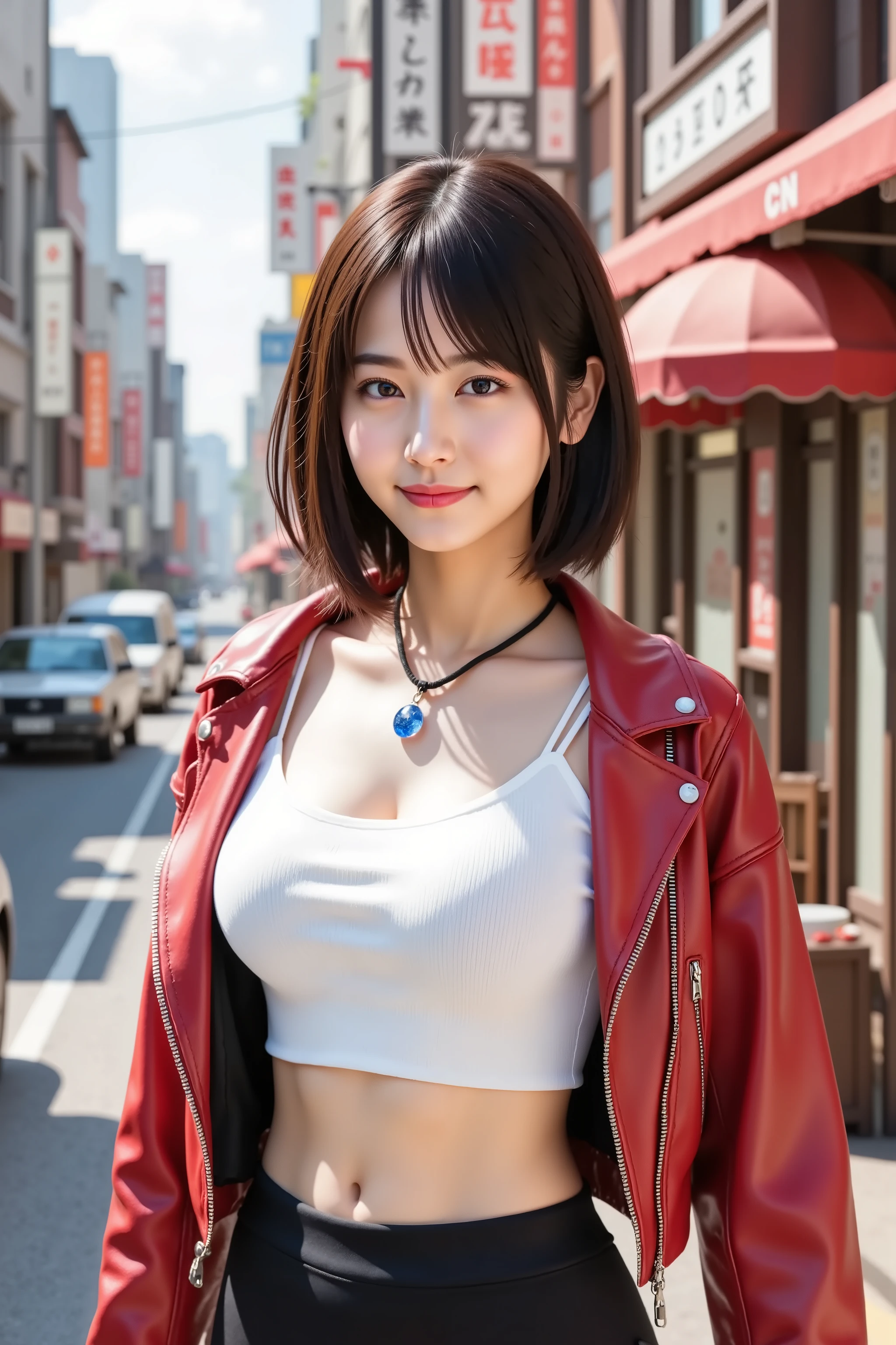 misaki, huge breast, by adjusting the framing so the subject's full head is visible within the composition, with the crop showing only from just above the bust to slightly above the top of the head. a highly detailed and realistic digital illustration of a strong and confident female character standing on a bright city street during daytime, by adjusting the framing so the subject’s full head is visible within the composition, with the crop showing only from just below the shoulders to slightly above the top of the head. Ensure there is a comfortable amount of background space above the head to establish spatial context. The focus is on her upper body clothing and the surrounding urban background.
She is wearing a bold red leather jacket, unzipped and slightly falling off one shoulder, revealing a simple white sports-style crop top underneath. The fabric of the top is fitted and stretches naturally, while the jacket adds contrast with its glossy surface, metal zippers, and structured seams. A teardrop-shaped blue pendant hangs around her neck on a black cord, resting at the center of her chest and catching ambient light.
Her expression is determined and focused, and her posture is relaxed but self-assured, with one hand loosely gripping the edge of her jacket. The lighting is direct but diffused by the surrounding buildings, creating a balanced highlight along her features and clothing.
The background consists of a bustling city street lined with tall buildings and various shop signs written in Japanese. There are cars parked and driving through the road, and vertical signs and storefronts add layers of depth and realism. Sunlight reflects off windows and casts subtle shadows along the sidewalk and buildings, while wires and urban clutter contribute to the lively and grounded atmosphere.
The entire scene blends urban energy with strong character design, emphasizing contrast in textures and a balance between subject and environment.