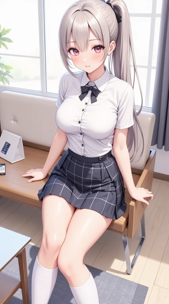 ((highest quality)), ((masterpiece)), (become familiar with),Angle from below, perfect face,suit,white shirt,black hair,suitが胸ではち切れそう,The bra is visible through the gap between the buttons,big breasts,sitting,legs crossed,mini skirt,panties are visible,smile