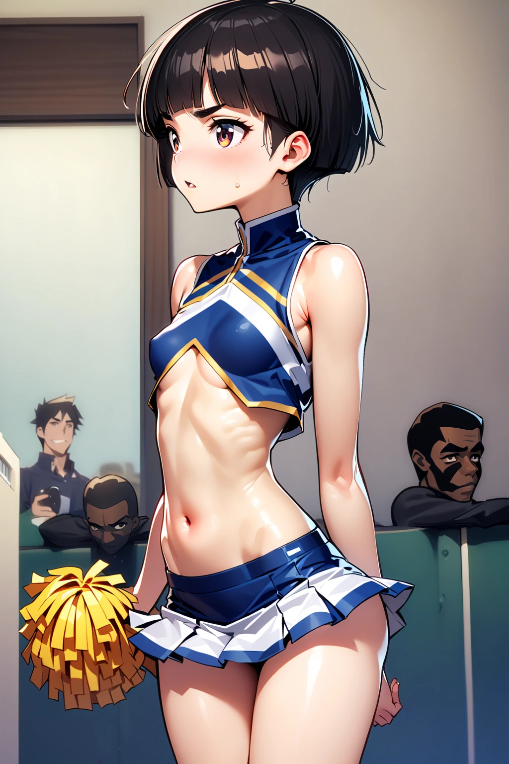 1girl, 独奏, White polo shirt, White sneakers, tennis wear, white mini-skirt, tmasterpiece, Best quality at best, realisticlying, ultra - detailed, (shiny skins, perspired:1.4), absurderes, looking at viewert, with short black hair, with brown eye,slenderness,Dynamic light and shadow,A high resolution,Sharp focus,depth of fields,The eyes are delicate,Sharp pupils,pupil realistic,(smallunderboob:1.6),(Thigh thick:1.0),exteriors,cleanness