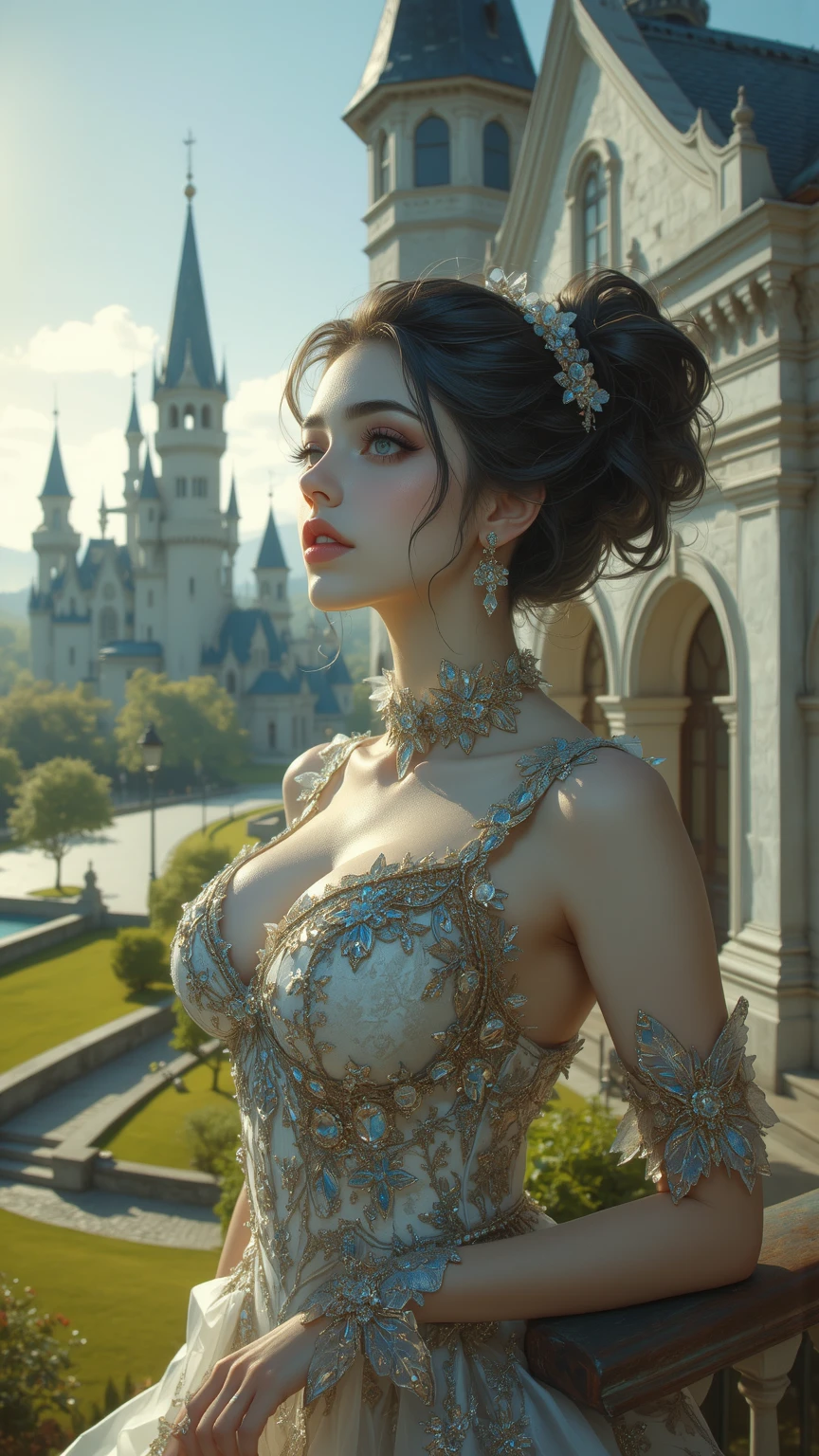 high level of detail, best quality, masterpiece, 1girl, garnet-smf, jewelry, solo, necklace, dress, long hair, tiara, breasts, brown eyes, gloves, brown hair, elbow gloves, cleavage, bare shoulders, medium breasts, white dress, strapless, wedding dress, white gloves, lips, strapless dress, princess ,lips, black hair, skin tight, cowboy shot, collarbone, low-tied long hair, outdoors, castle, clouds, garnet from final fantasy 9, (masterpiece, best quality:1.2),(8k,highres,RAW photo,realistic,photo-realistic:1.3),(detailed skin texture,detailed cloth texture,beautiful detailed face:1.25),professional lighting,photon mapping,beautiful soft light,radiosity,physically-based rendering,model shoot style, model shoot style, (extremely detailed CG unity 8k wallpaper), full shot body photo of the most beautiful artwork in the world, complex 3d render ultra detailed, looking at viewer, 18 yo, wet hair, real human skin, vibrant details, hyperrealistic, beautiful, octane render, 8k, best quality, masterpiece, an extremely delicate and beautiful, extremely detailed ,CG ,unity ,wallpaper, (realistic, photo-realistic:1.37),Amazing, finely detail, masterpiece,best quality,official art, extremely detailed CG unity 8k wallpaper ,extreme detailed eyes, (perfect face), shiny skin, colorful, highest detailed, vibrant colors, ultra high res, (high contrast), intricate, lens flare,