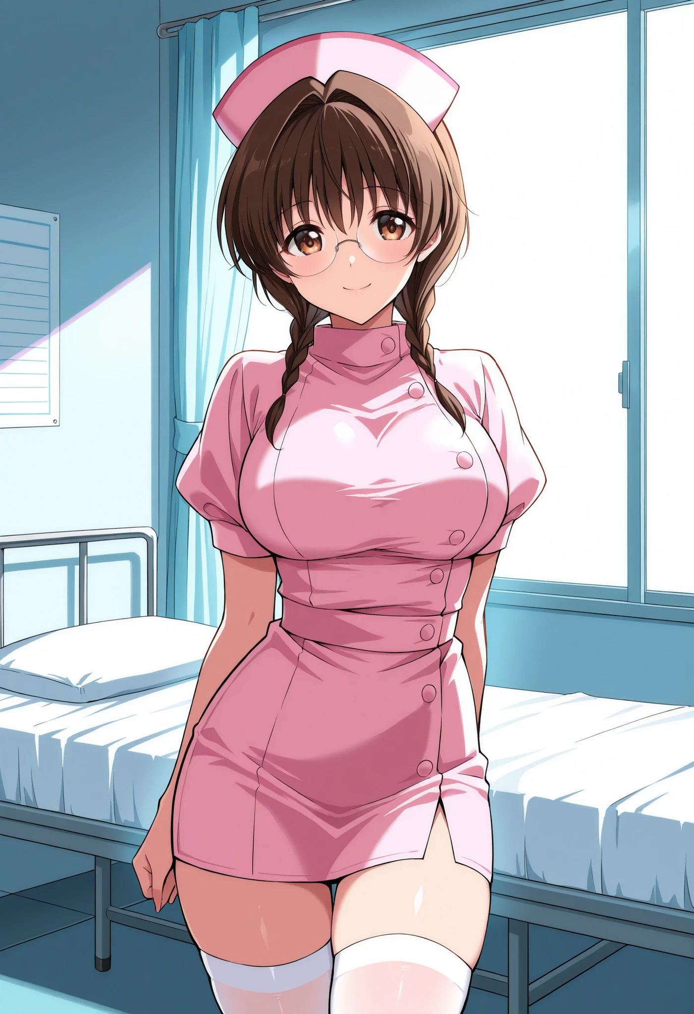 Score_9, score_8_up, score_7_up, source_anime, mizutani mai, solo, brown hair, short hair, twin braids, glasses, brown eyes, , (best quality), (high quality), {masterpiece}, extremely delicate and beautiful, ultra-detailed, beautiful detailed eyes, nurse, nurse cap, hat, pink headwear, white thighhighs, hospital room, smile, closed mouth, standing