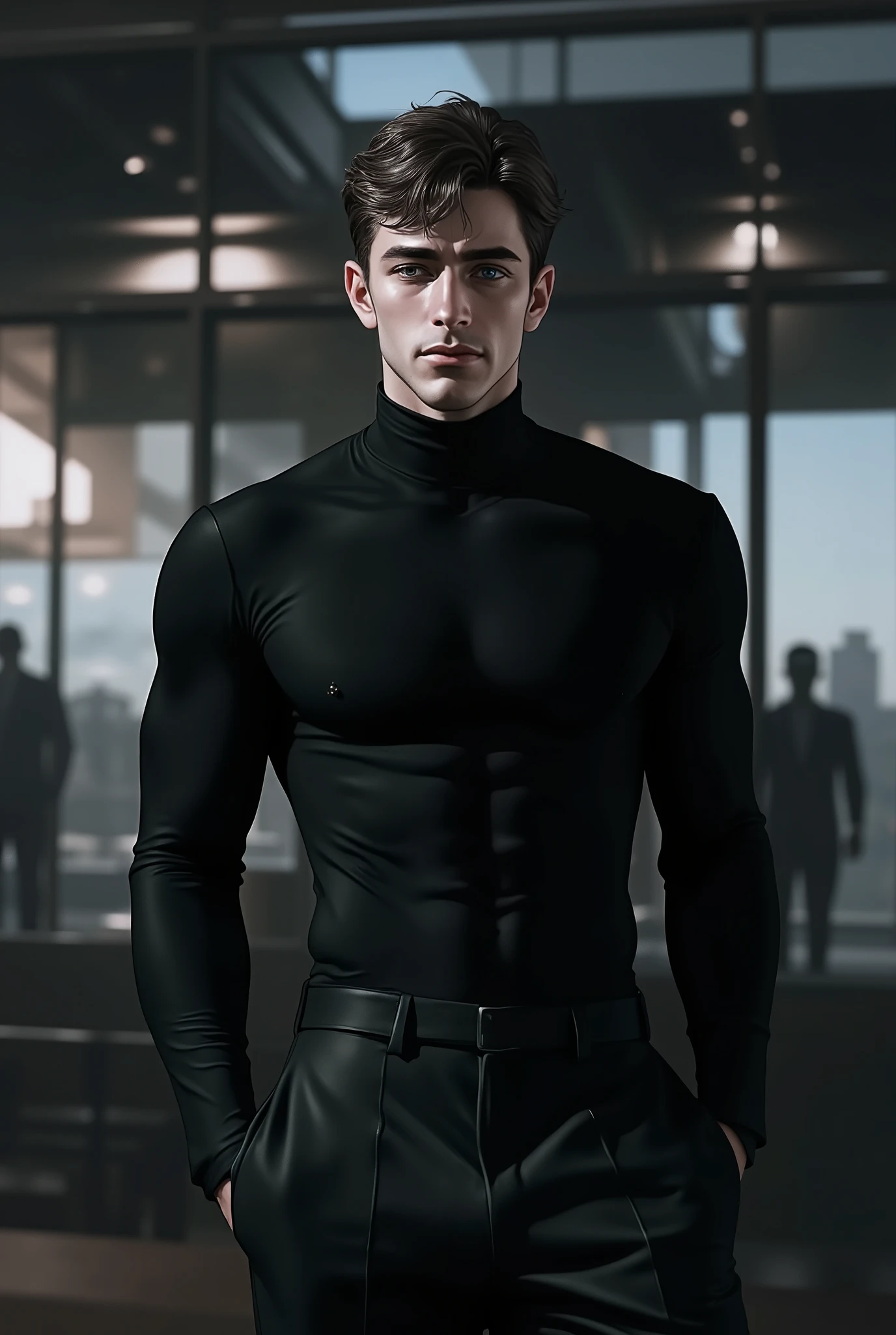 A full-body, ultra-realistic, hyper-detailed European male android, looking at the viewer. Futuristic elegance, a synthetic yet lifelike figure with an athletic, lean build. His flawless, fair synthetic skin mimics human texture with near-invisible seams at the joints, subtly catching light. His dark, slightly tousled hair frames a face of striking symmetry—sharp jawline, high cheekbones, piercing blue eyes engineered to replicate deep human emotion. His intense yet gentle gaze, well-defined lips, and intricate details suggest complexity beyond programming. Dressed in a sleek, form-fitting black turtleneck and tailored dark trousers, the futuristic matte fabric mimics high-end human clothing, flowing naturally with his movements. The ambient-lit, futuristic living space enhances his presence, a fusion of glass panels, metallic accents, and high-tech minimalism. Cinematic lighting casts gentle shadows, emphasizing his contours. The atmosphere is ethereal—captivating, almost unsettling in its perfect imitation of humanity. ((best quality, masterpiece, ultra-detailed, high resolution, deep lines, heavy strokes, cinematic, volumetric lighting, hyper-realistic, atmospheric, intricate composition, futuristic, neo-noir, cyberpunk aesthetics)). His refined, commanding presence exudes both elegance and a hauntingly human-like charm.
