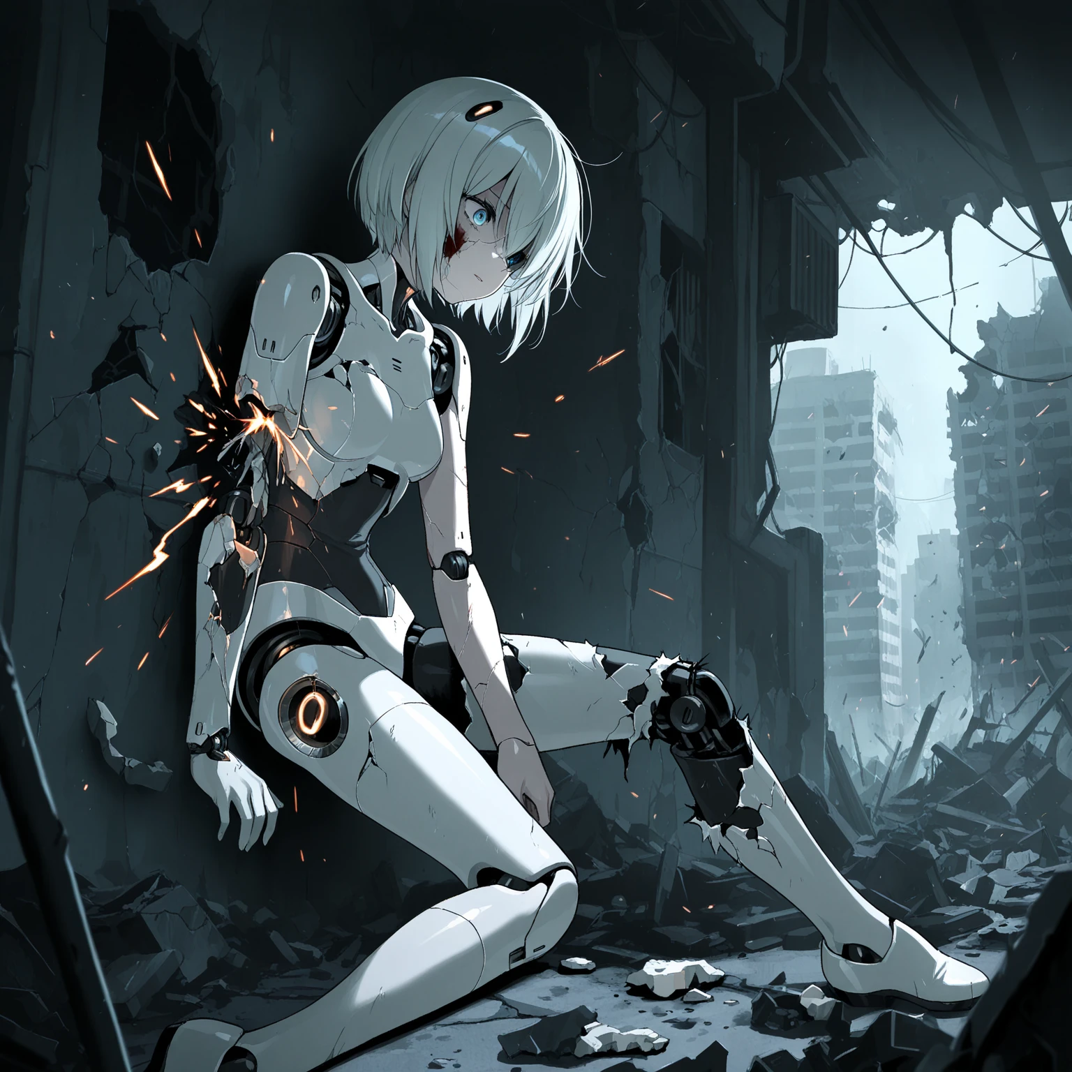 Android girl destroyed in a ruined city, Android without an arm and without a leg, broken parts, broken face, Small sparks coming out of the broken arm and the broken leg.