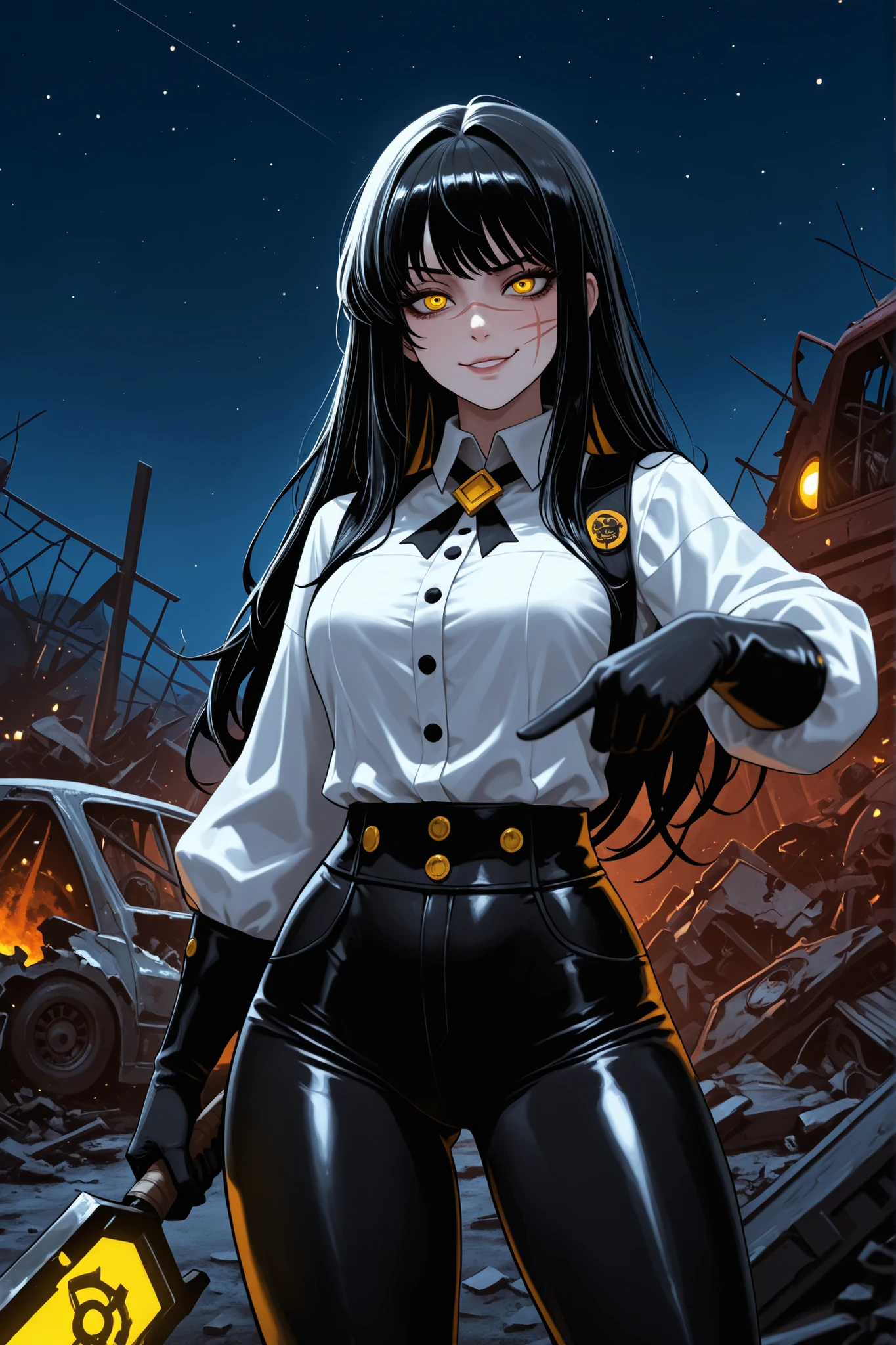 obra-prima, Best Quality, photo the cowboy, sozinho, 1 garota, yoru, cheek scar, cross scar, long hair, black hair, yellow-eyed appearance/vermelhos, eyes with rings, look seductive, ironic smile, suor, portrait looking at the viewer, standing, making a weapon with his hand, pointing at the observer, long black gloves , white shirt, buttons, black pants, tight pants, atraente, pose sensual, ao ar livre, night sky, nuvem, wreckage, escombros, sangue