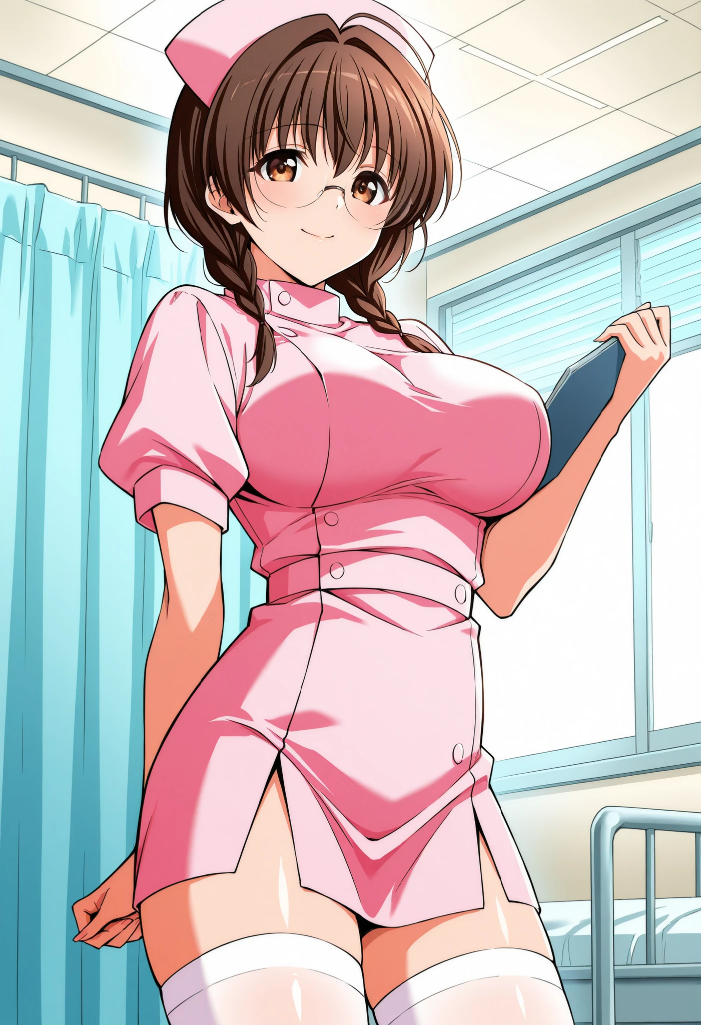 Score_9, score_8_up, score_7_up, source_anime, mizutani mai, solo, brown hair, short hair, twin braids, glasses, brown eyes, , (best quality), (high quality), {masterpiece}, extremely delicate and beautiful, ultra-detailed, beautiful detailed eyes, nurse, nurse cap, hat, pink headwear, white thighhighs, hospital room, smile, closed mouth, standing