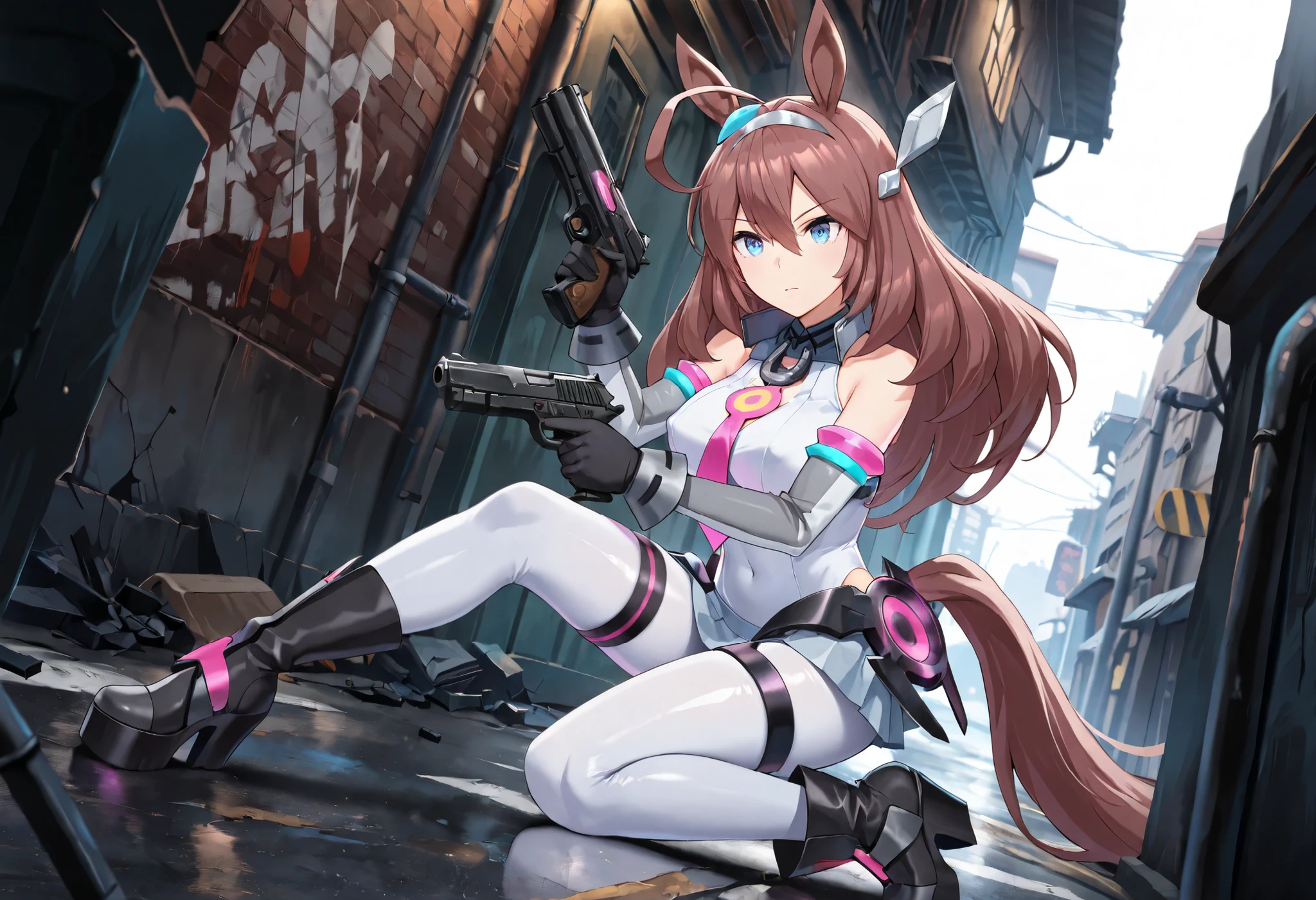 (masterpiece, best quality, perfect face:1.4), wide angle, mihono bourbon \(umamusume\), 1girl, hair ornament, horse ears, ear ornament, horse tail, tail on the lower back, proportional body, proportional, beautiful hair, beautiful face, beautiful detailed eyes, beautiful clavicle, beautiful body, beautiful chest, beautiful thigh, beautiful legs, beautiful fingers, BREAK, bodysuit, black gloves, shiny clothes, covered nipples, knee boots, platform heels, thigh strap, BREAK, gang encounters in the slums, roughnecks with guns, gang (male) confrontations, gang fights, streets, rough streets, BREAK, holding a handgun with both hands,one knee, kneeling, dual wielding, handgun,BREAK, serious expression, realistic skin, HDR, BREAK, good hands,