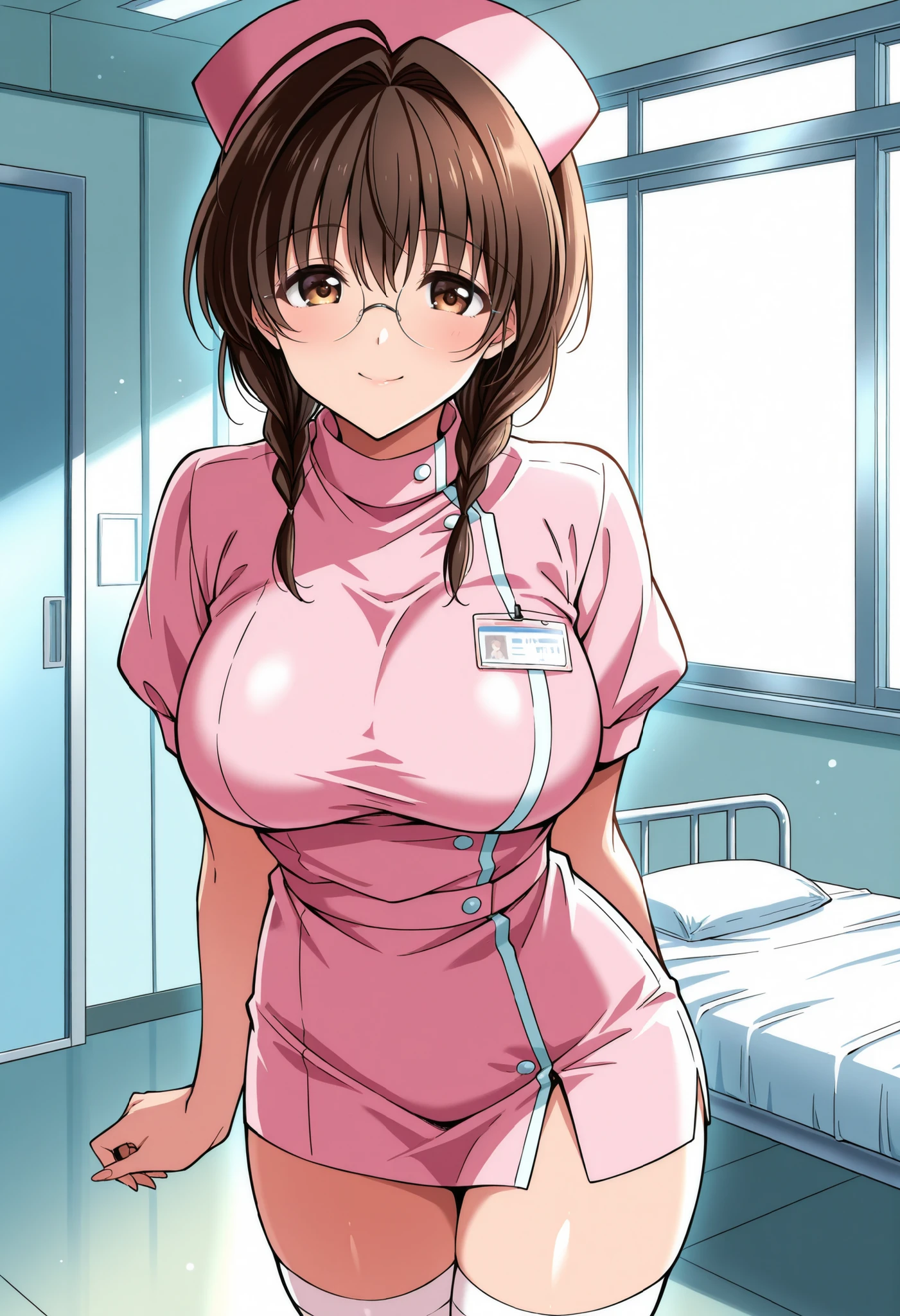 Score_9, score_8_up, score_7_up, source_anime, mizutani mai, solo, brown hair, short hair, twin braids, glasses, brown eyes, large breasts, (best quality), (high quality), {masterpiece}, extremely delicate and beautiful, ultra-detailed, beautiful detailed eyes, nurse, nurse cap, hat, pink headwear, white thighhighs, hospital room, smile, closed mouth, standing
