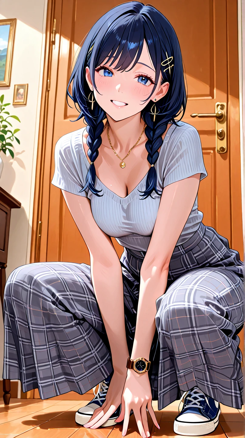 (nsfw:1.5),NSFW, (highest quality, 4k, masterpiece :1.3), ((masterpiece, best quality, highres, UHD, perfect pixel, depth of field, 4k, RTX, HDR))), ((detailed face, blushing:1.2)), 4K Wallpapaer, Ultra detailed, masterpiece, (best quality), 1woman,1girl ,haruhiko_ichijou_mother, black hair, long hair ponytail, (blue eyes),,average breasts ,, ,sexy woman,smile, embarrassed,blush, sleeveless sweater, black underwear, vibrant colors ,natural lighting ,RTX, , beautiful, (detailed face:1.2), showcase, (perfect eyes:1.1) ,(photorealistic:1.1), 8k uhd, looking at viewer, indoors, bedroom, legs shown, feet shown, armpits