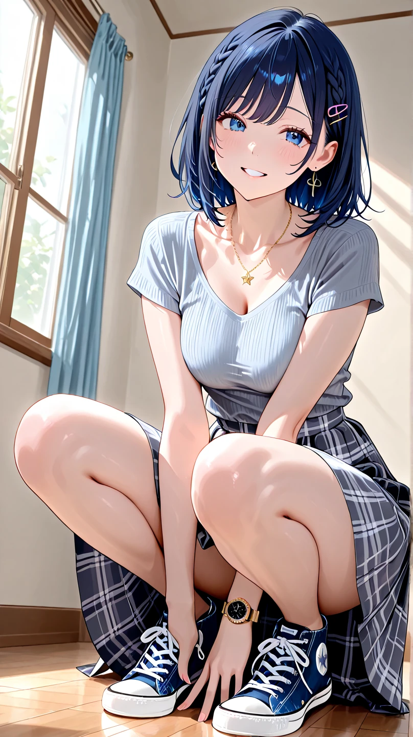 NFSW、masterpiece、Highest image quality、ultra high resolution、Medium-sized elementary school girl、red and large eyes,、black short hair、The inside of the hair has blue coloring.、(Two red hairpins)、red face、shyly、excited、((Wear a grey cardigan))、White shirt with cleavage visible、pencil skirt、squat、open your legs、String panties for elementary school girls